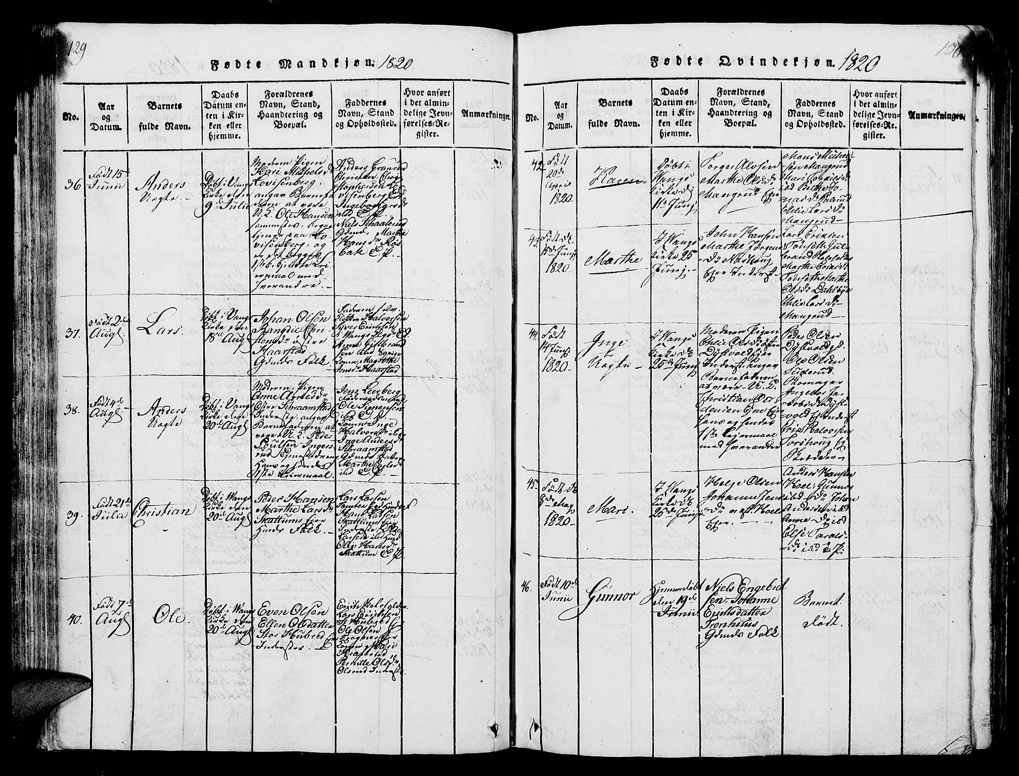 Vang prestekontor, Hedmark, AV/SAH-PREST-008/H/Ha/Hab/L0004: Parish register (copy) no. 4, 1813-1827, p. 129-130