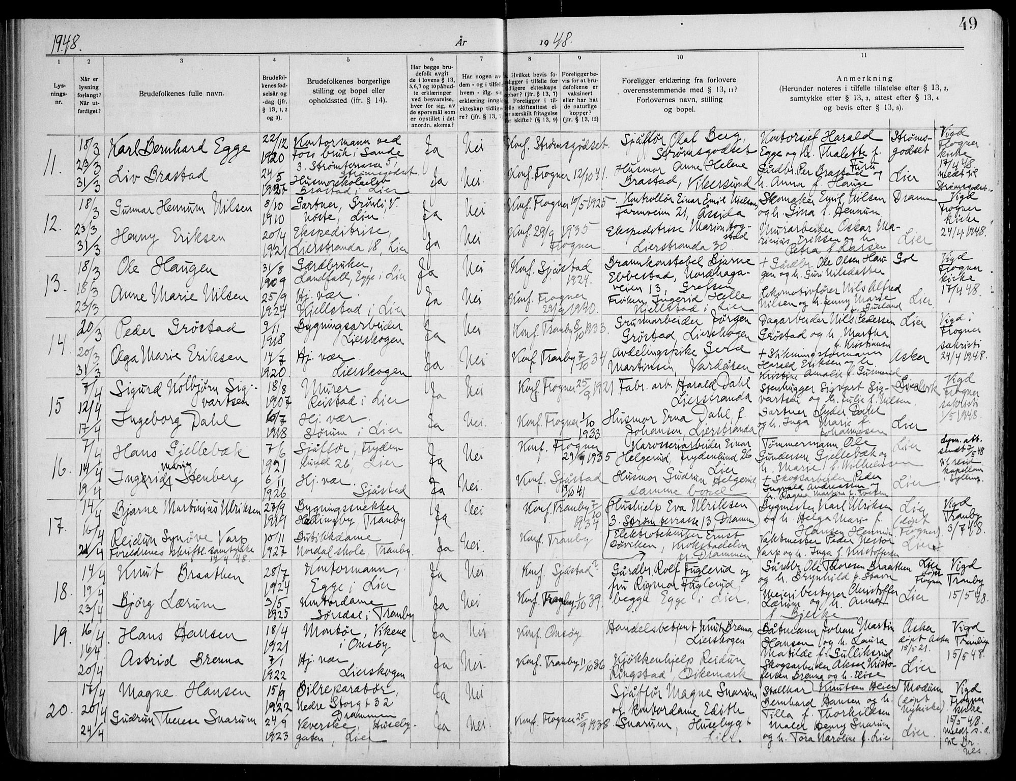 Lier kirkebøker, AV/SAKO-A-230/H/Ha/L0003: Banns register no. 3, 1940-1955, p. 49