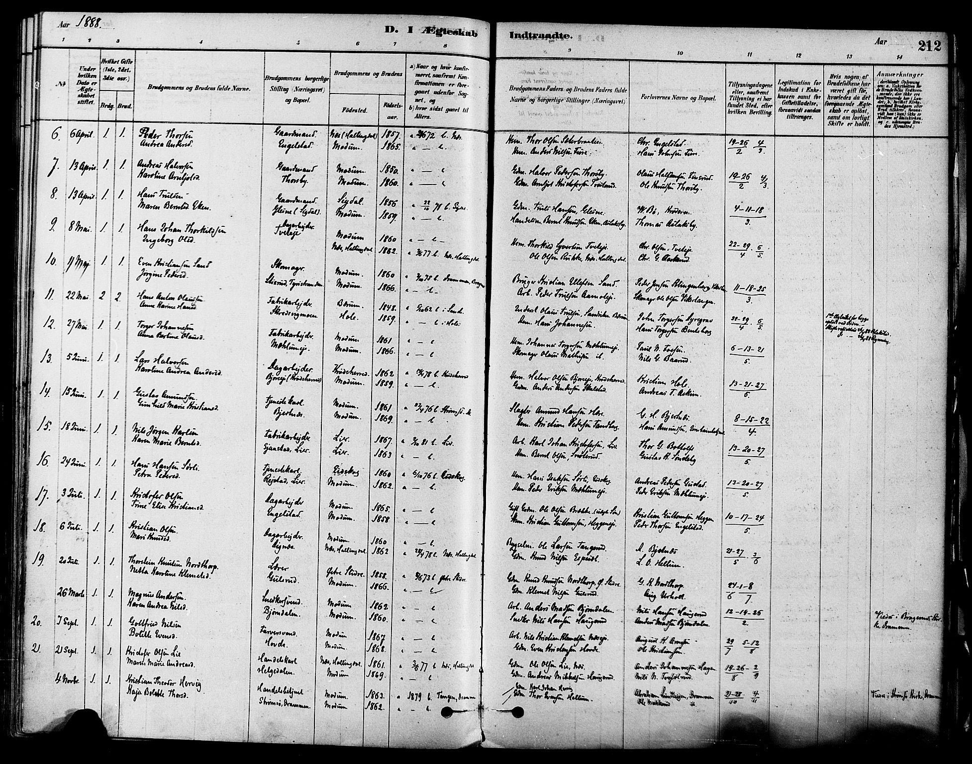 Modum kirkebøker, SAKO/A-234/F/Fa/L0011: Parish register (official) no. 11, 1877-1889, p. 212