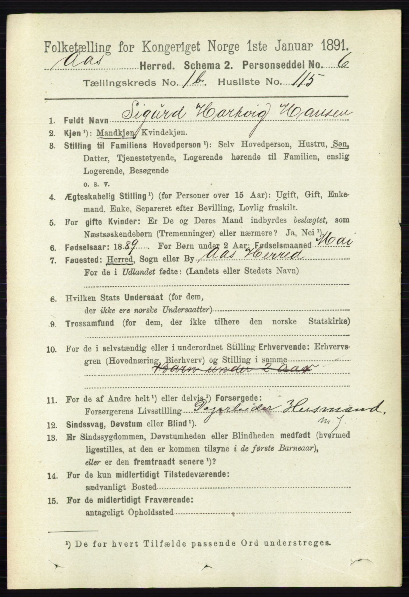 RA, 1891 census for 0214 Ås, 1891, p. 1485