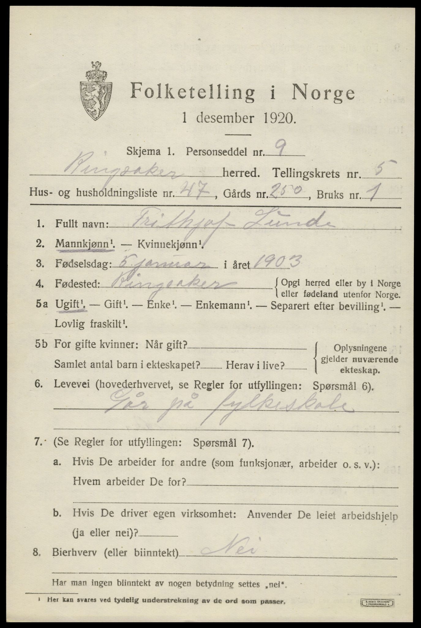 SAH, 1920 census for Ringsaker, 1920, p. 10324