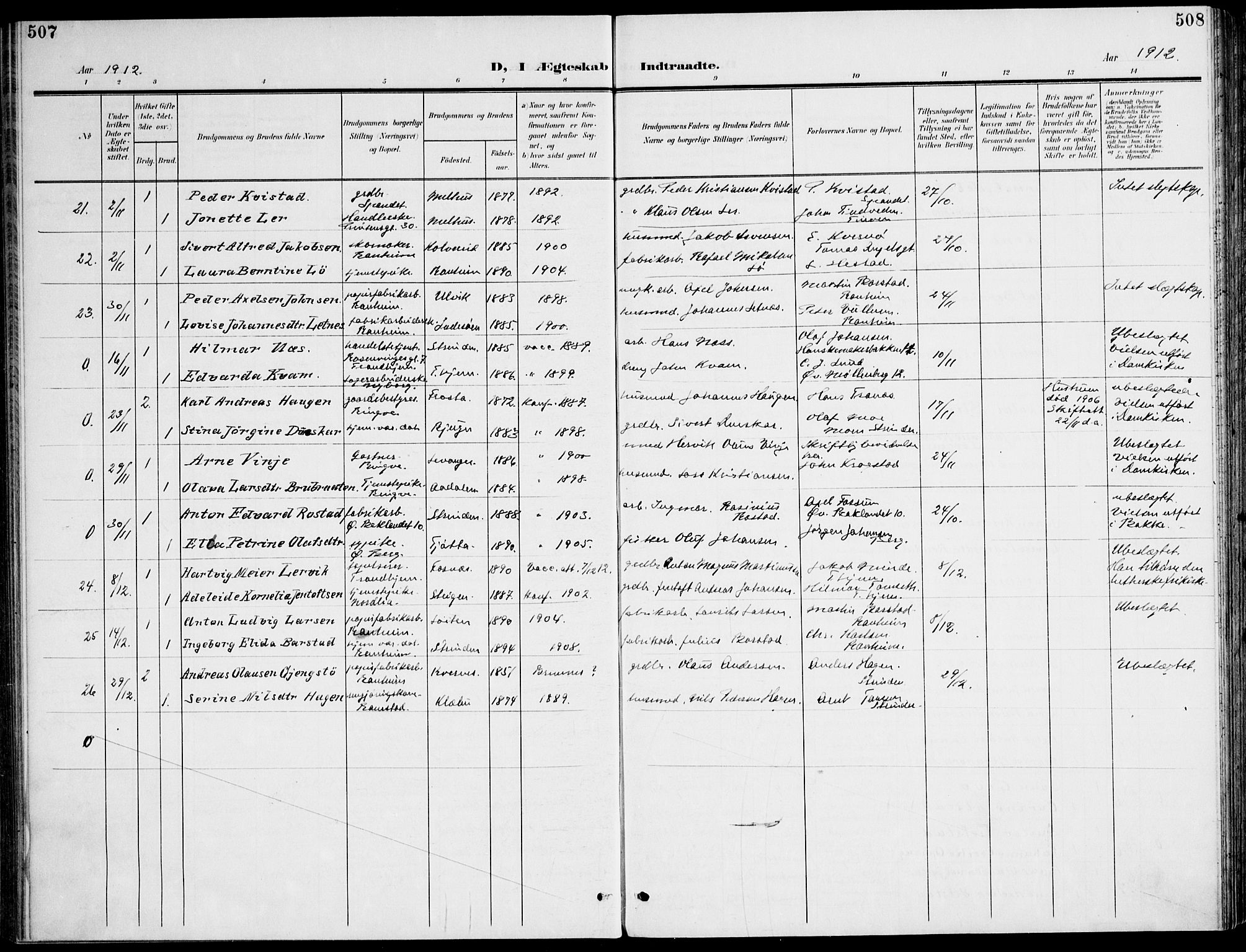 Ministerialprotokoller, klokkerbøker og fødselsregistre - Sør-Trøndelag, SAT/A-1456/607/L0320: Parish register (official) no. 607A04, 1907-1915, p. 507-508