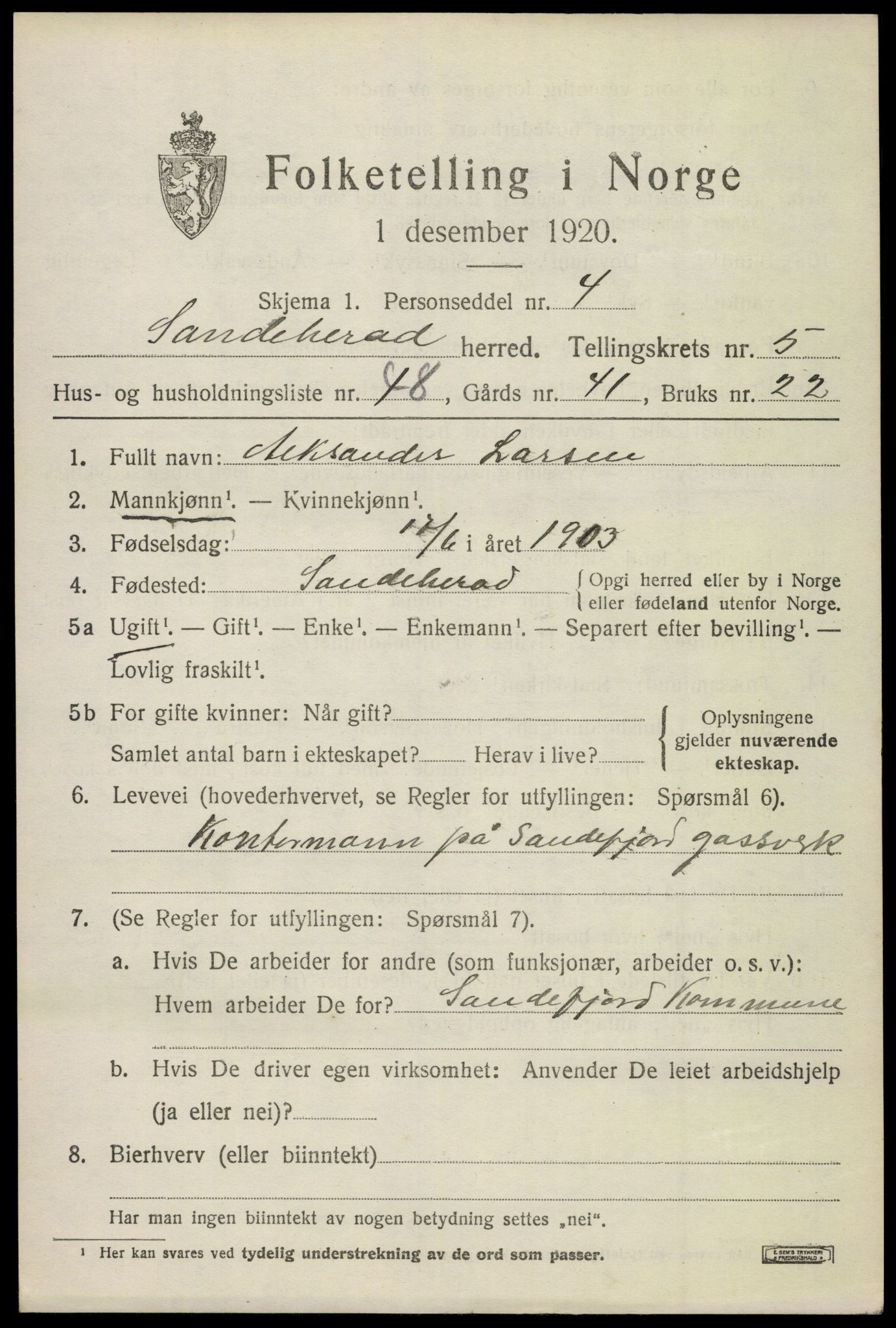 SAKO, 1920 census for Sandeherred, 1920, p. 8632