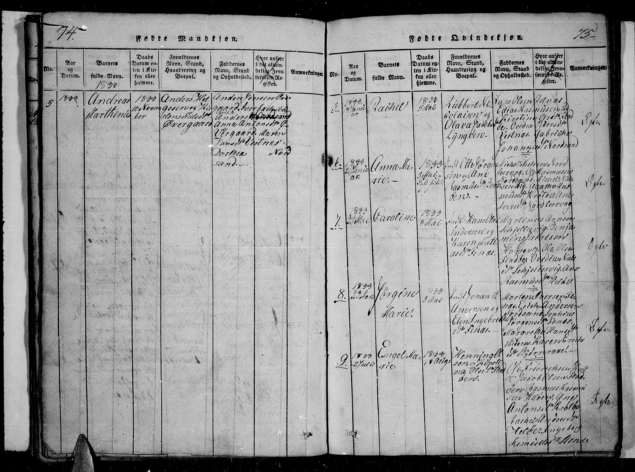 Trondenes sokneprestkontor, AV/SATØ-S-1319/H/Hb/L0004klokker: Parish register (copy) no. 4, 1821-1839, p. 74-75