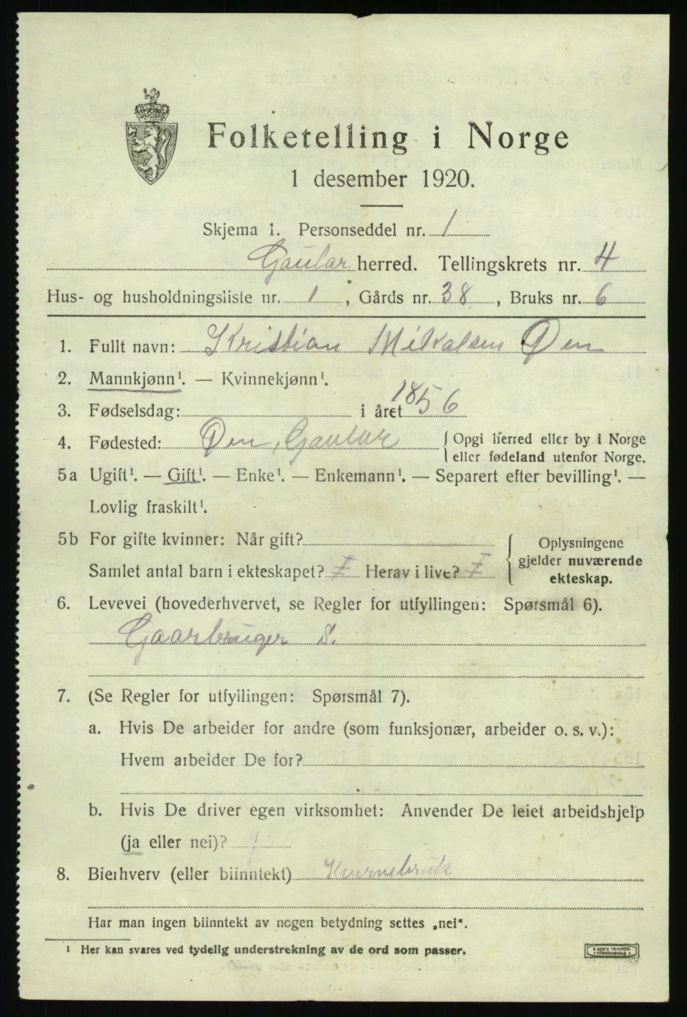 SAB, 1920 census for Gaular, 1920, p. 2210