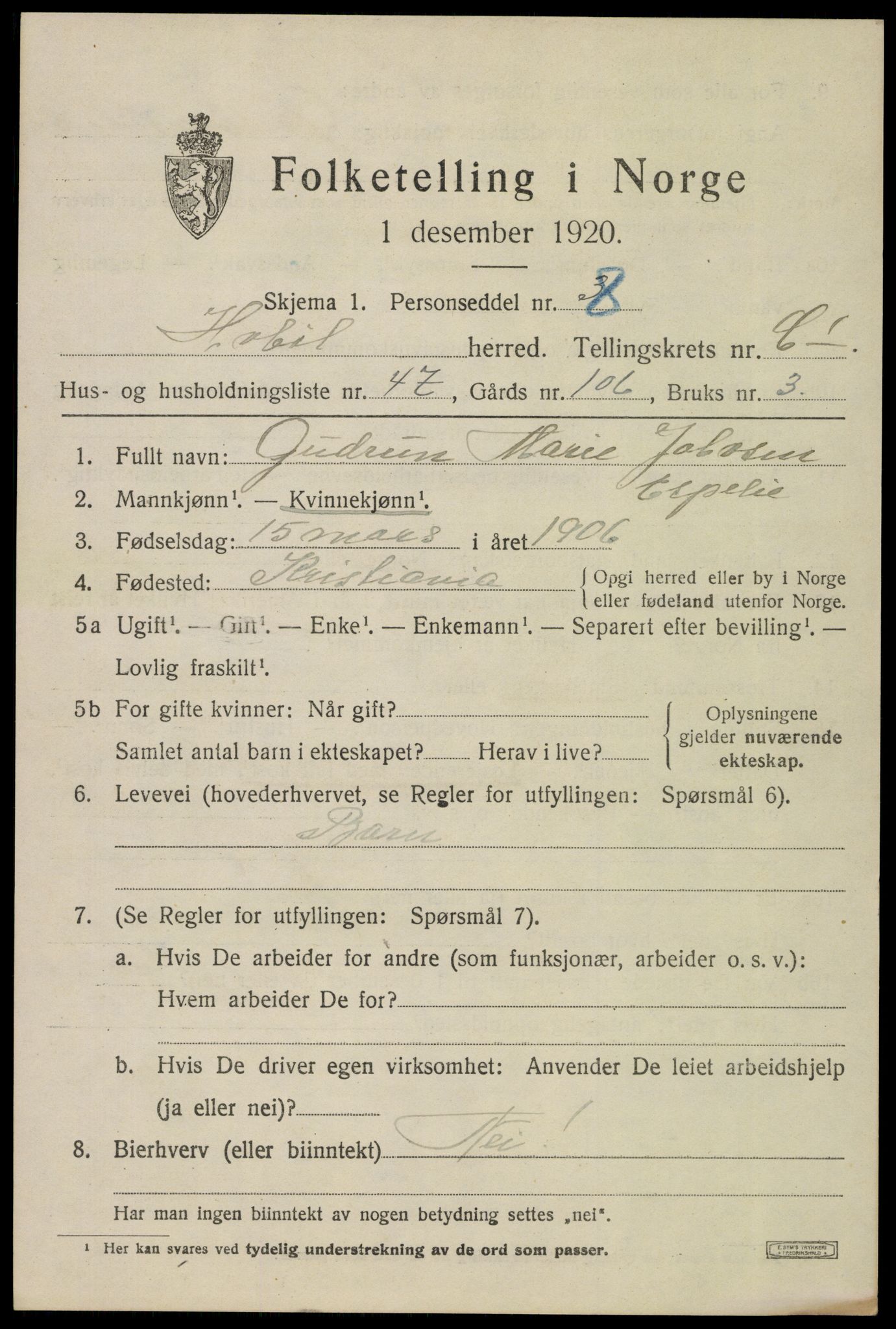 SAO, 1920 census for Hobøl, 1920, p. 2436