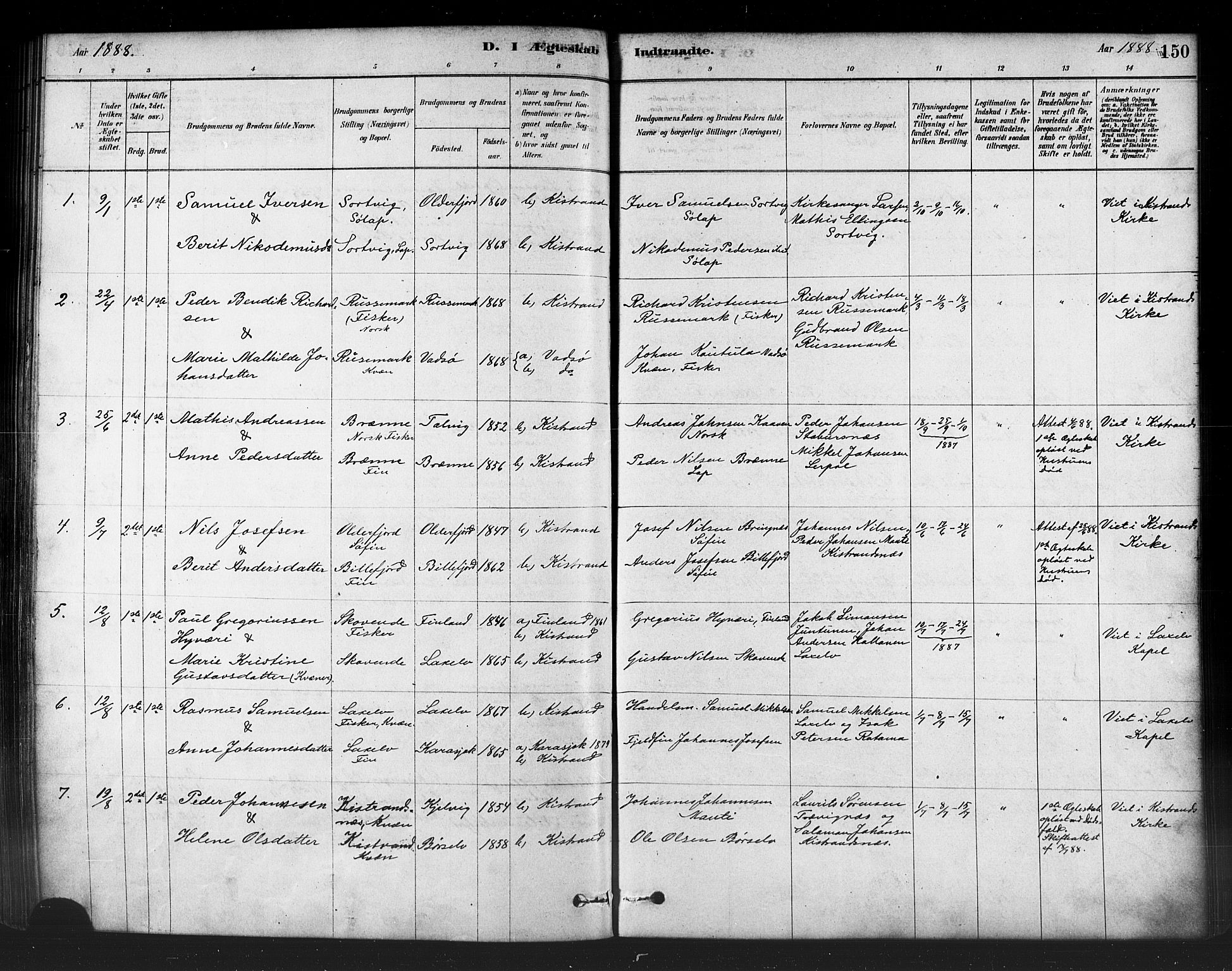 Kistrand/Porsanger sokneprestembete, SATØ/S-1351/H/Ha/L0007.kirke: Parish register (official) no. 7, 1881-1889, p. 150