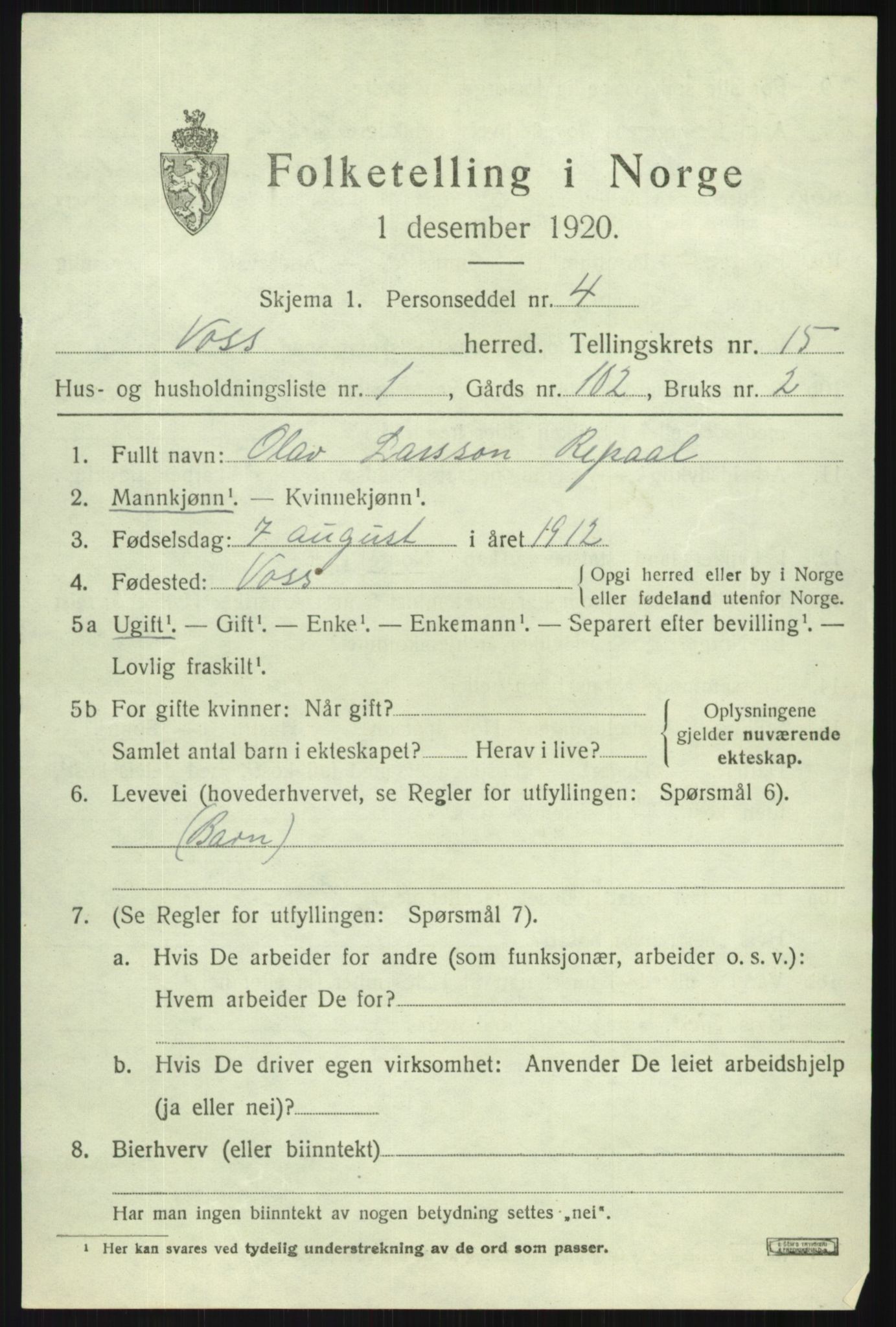 SAB, 1920 census for Voss, 1920, p. 12503