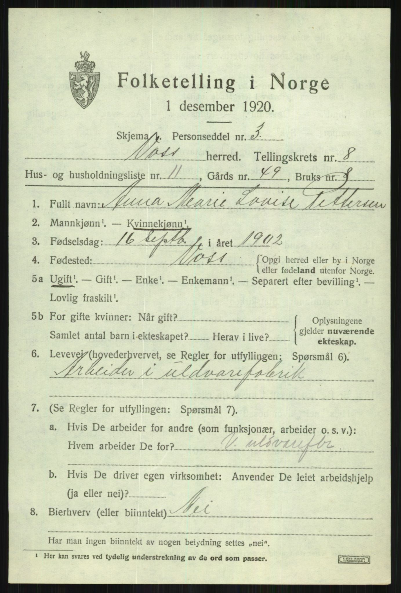 SAB, 1920 census for Voss, 1920, p. 7879