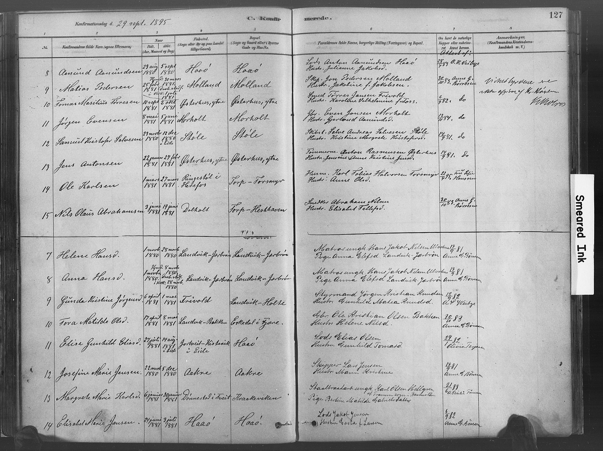 Hommedal sokneprestkontor, SAK/1111-0023/F/Fa/Fab/L0006: Parish register (official) no. A 6, 1878-1897, p. 127