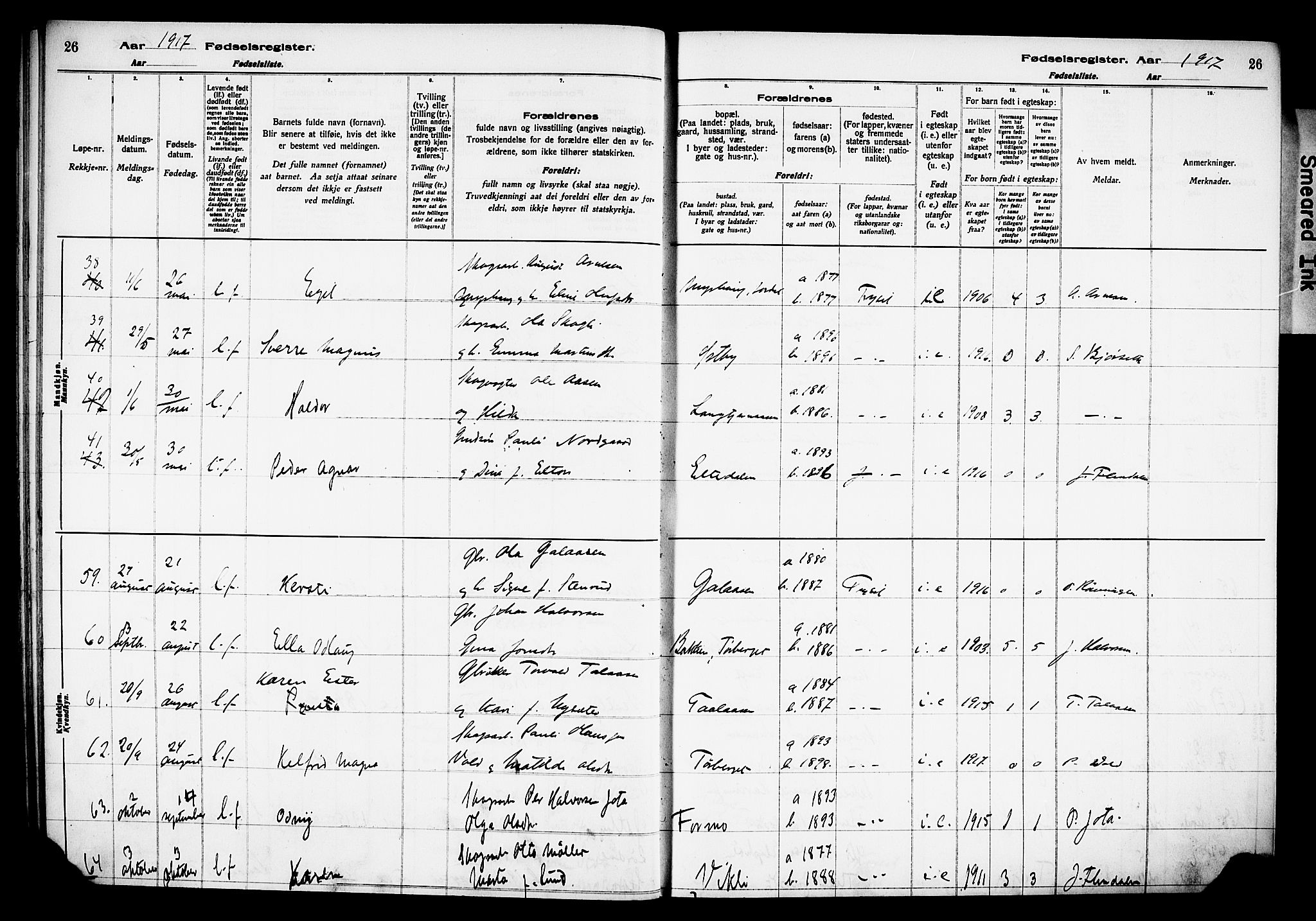 Trysil prestekontor, AV/SAH-PREST-046/I/Id/Ida/L0001: Birth register no. I 1, 1916-1927, p. 26