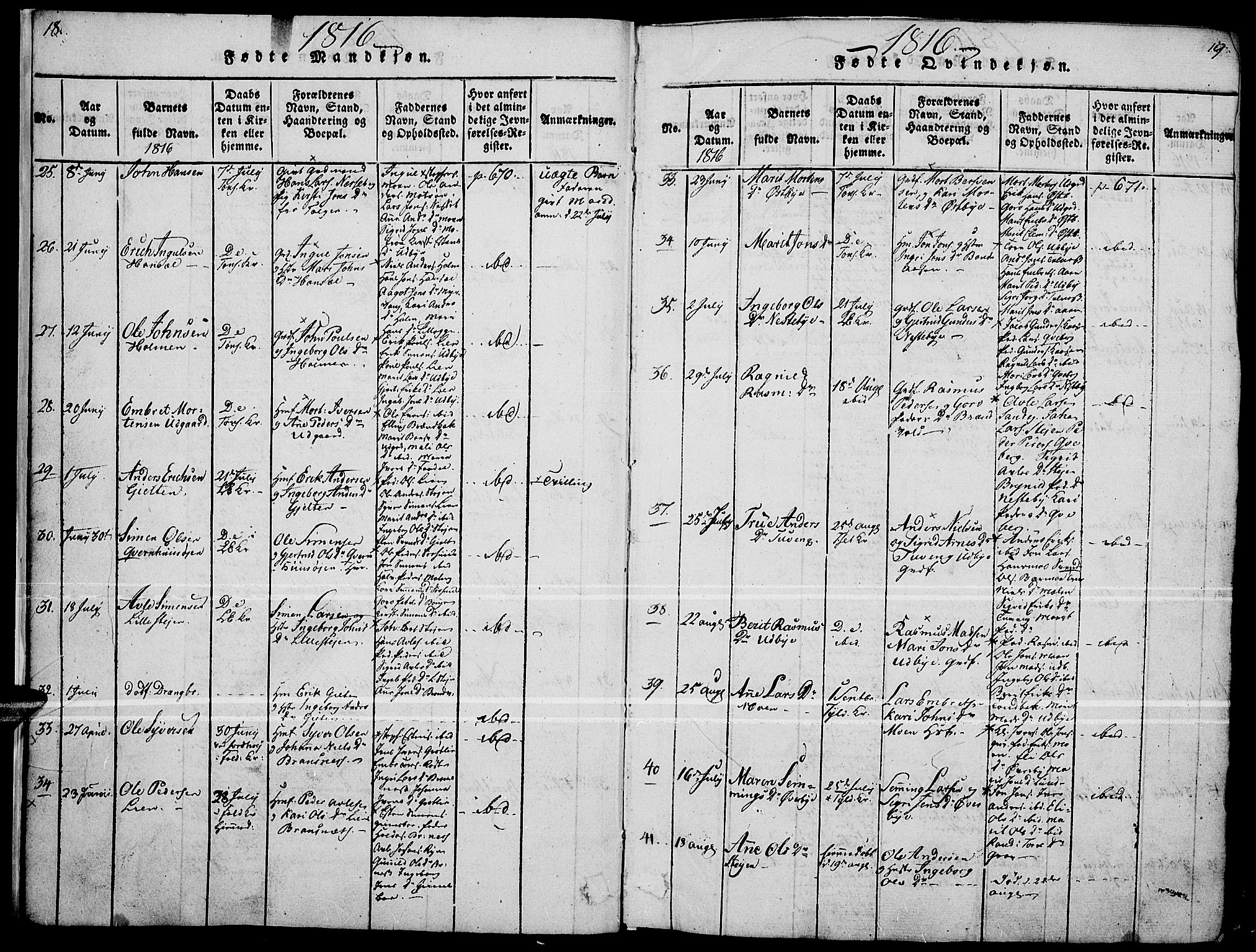 Tynset prestekontor, SAH/PREST-058/H/Ha/Haa/L0018: Parish register (official) no. 18, 1815-1829, p. 18-19