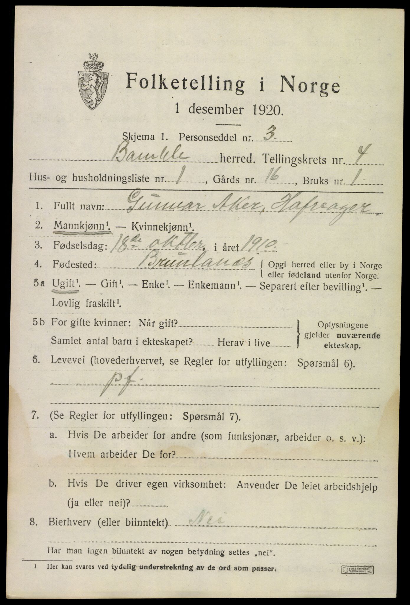 SAKO, 1920 census for Bamble, 1920, p. 4455