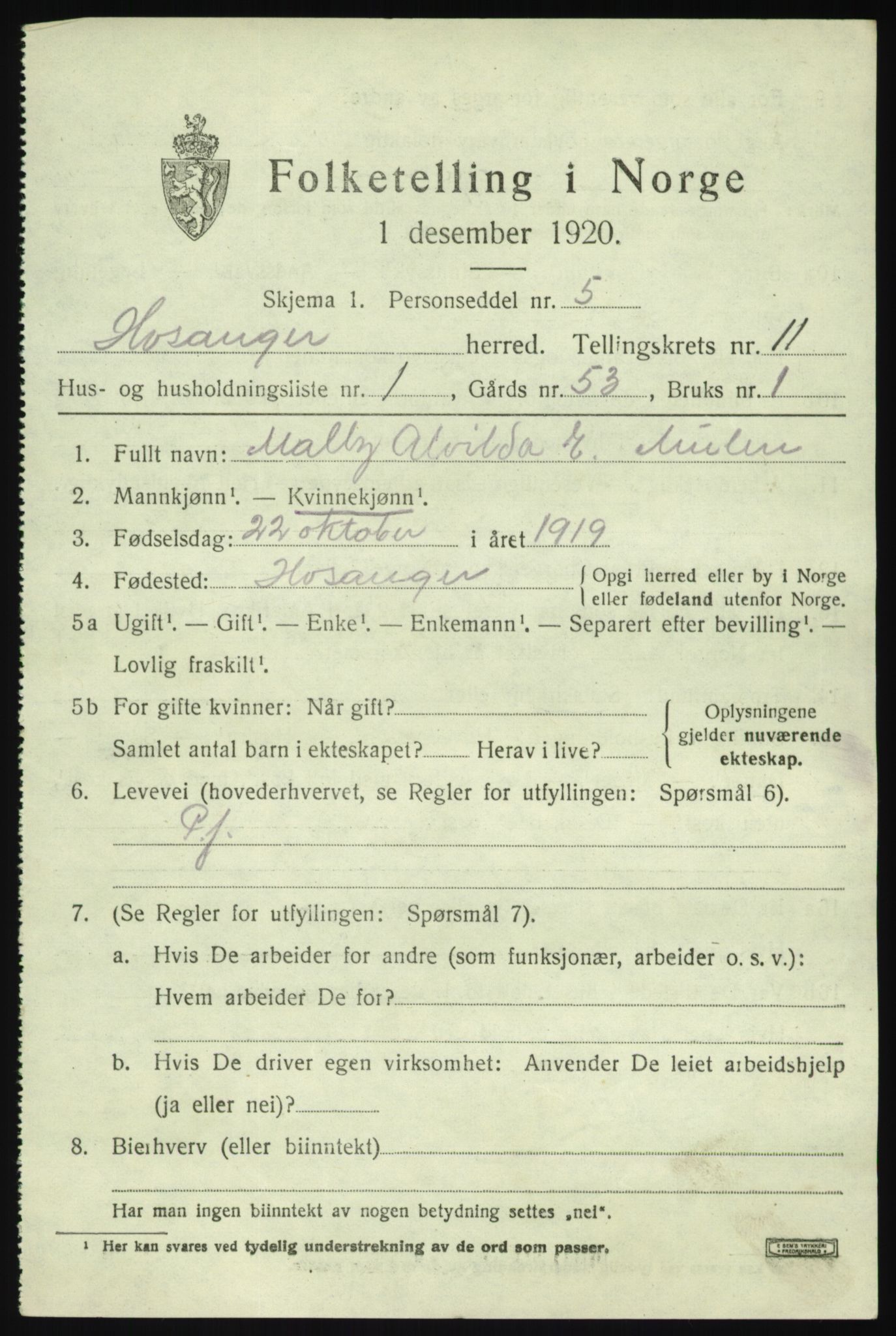 SAB, 1920 census for Hosanger, 1920, p. 4707