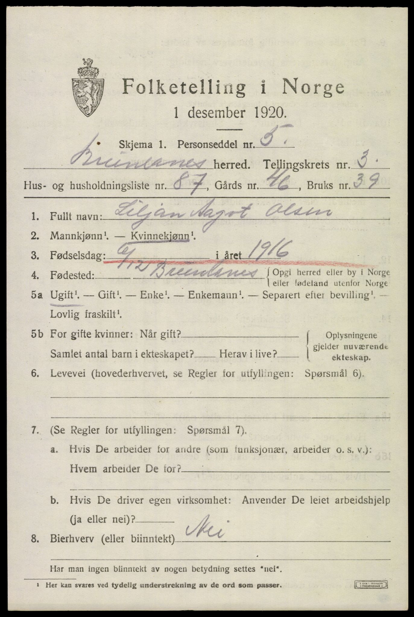 SAKO, 1920 census for Brunlanes, 1920, p. 5751