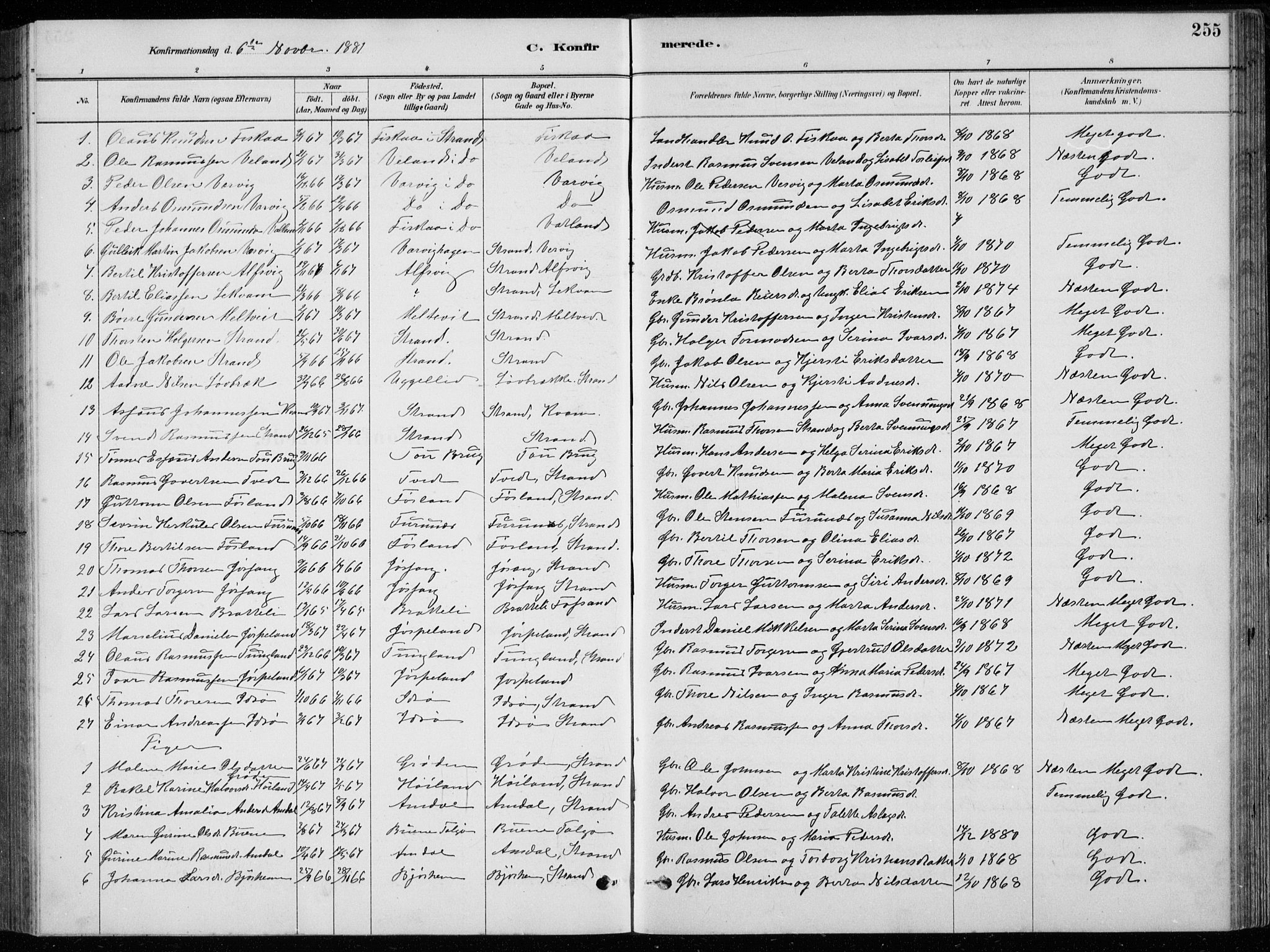 Strand sokneprestkontor, SAST/A-101828/H/Ha/Hab/L0004: Parish register (copy) no. B 4, 1878-1903, p. 255