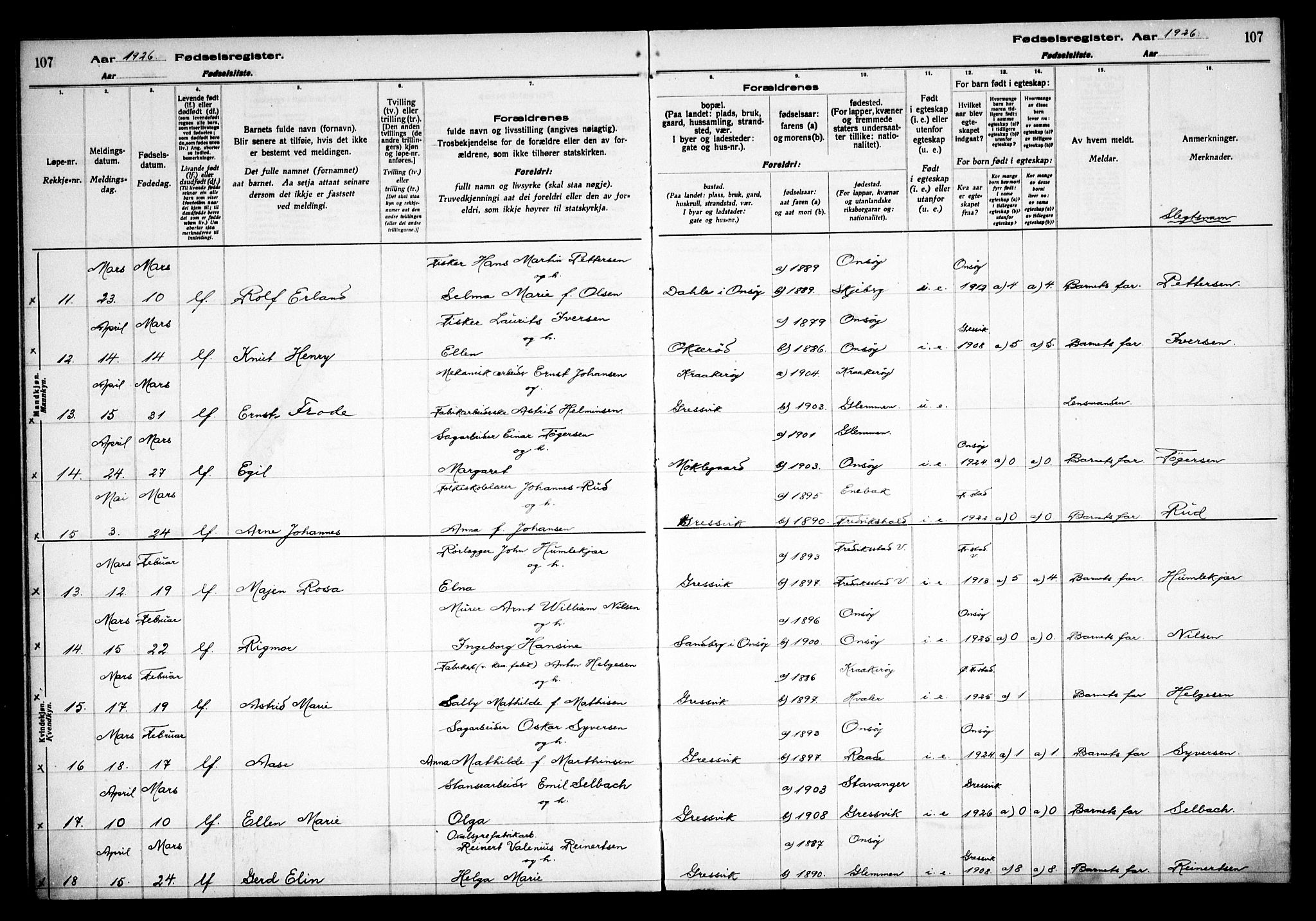 Onsøy prestekontor Kirkebøker, AV/SAO-A-10914/J/Jb/L0001: Birth register no. II 1, 1916-1938, p. 107