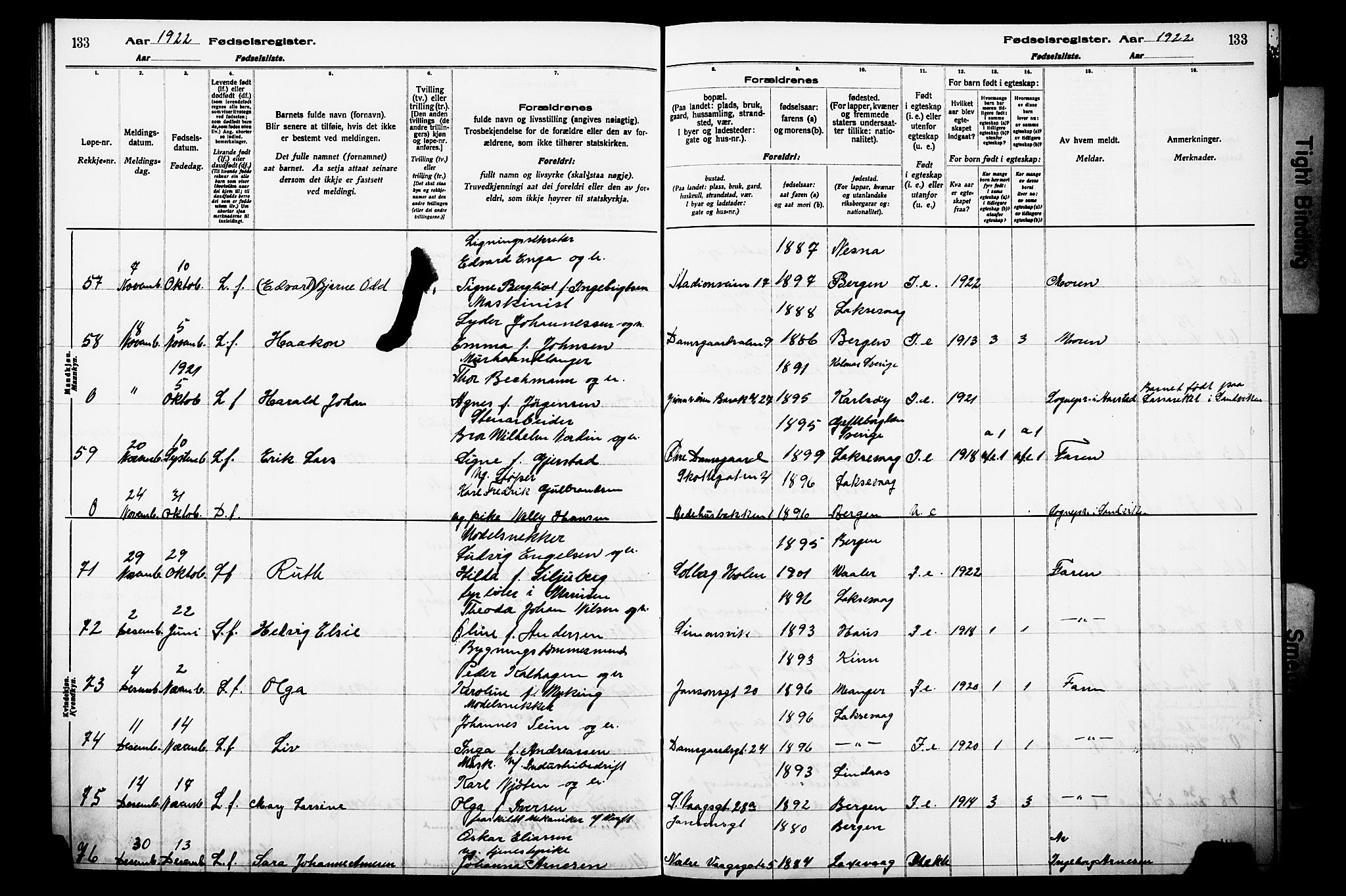 Laksevåg Sokneprestembete, AV/SAB-A-76501/I/Id/L00A1: Birth register no. A 1, 1916-1926, p. 133