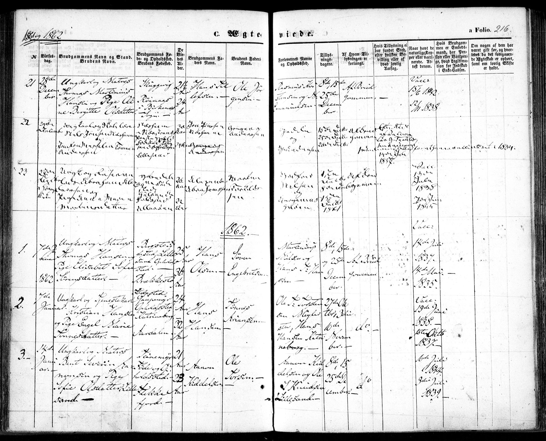Vestre Moland sokneprestkontor, SAK/1111-0046/F/Fa/Fab/L0007: Parish register (official) no. A 7, 1859-1872, p. 216