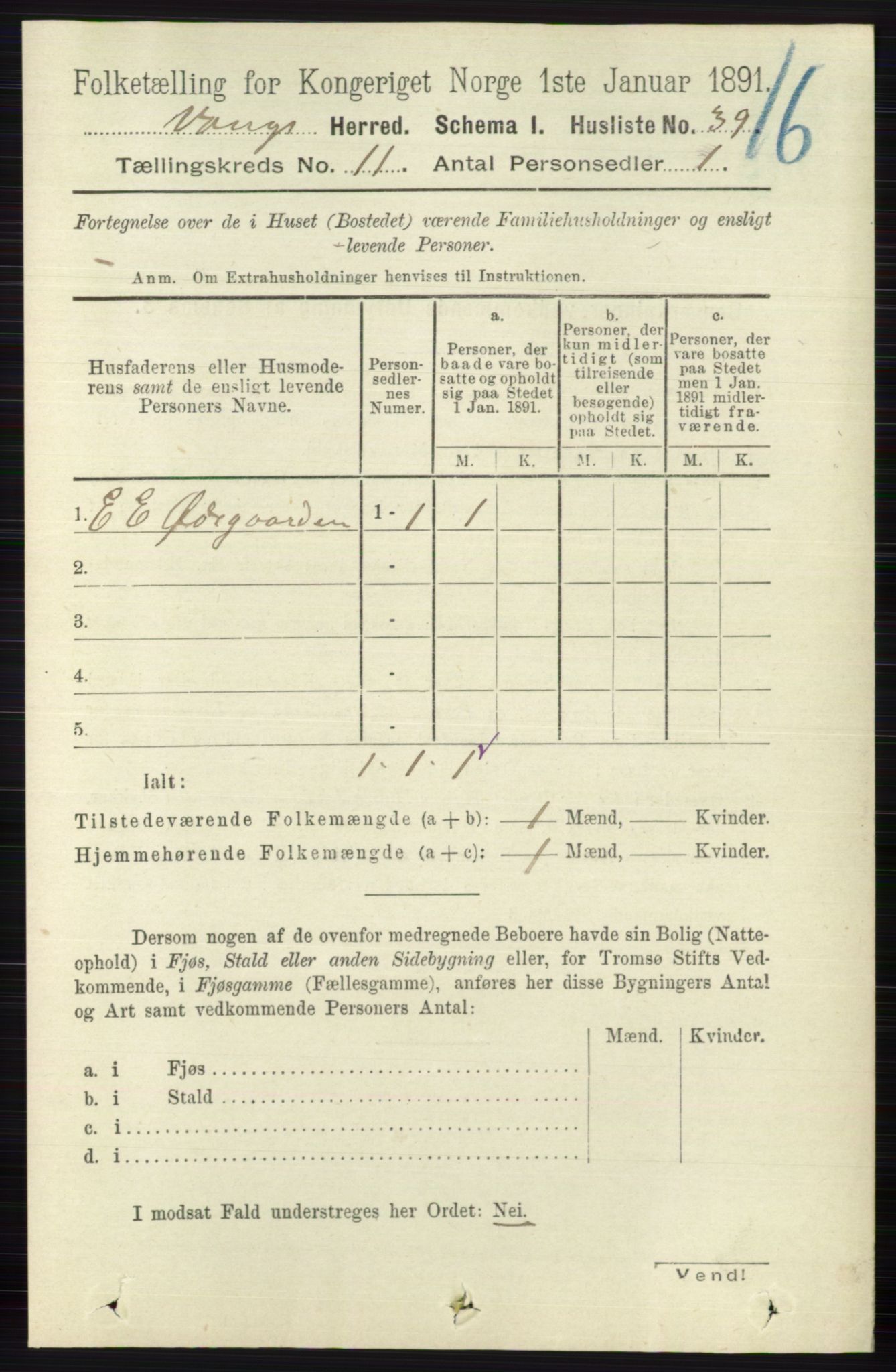 RA, 1891 census for 0545 Vang, 1891, p. 2393