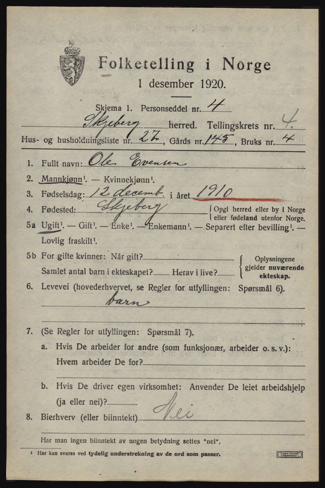 SAO, 1920 census for Skjeberg, 1920, p. 5279