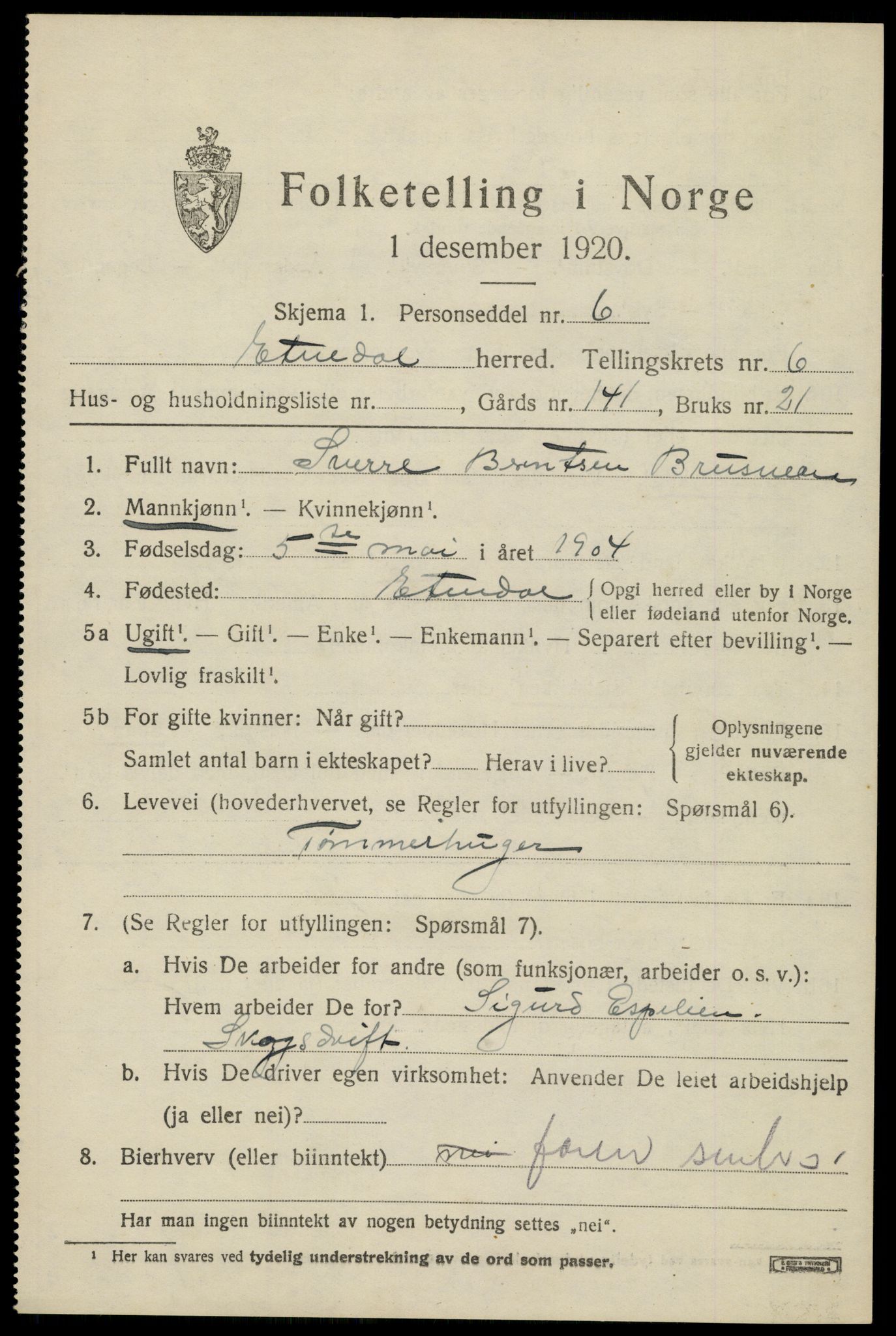 SAH, 1920 census for Etnedal, 1920, p. 2880