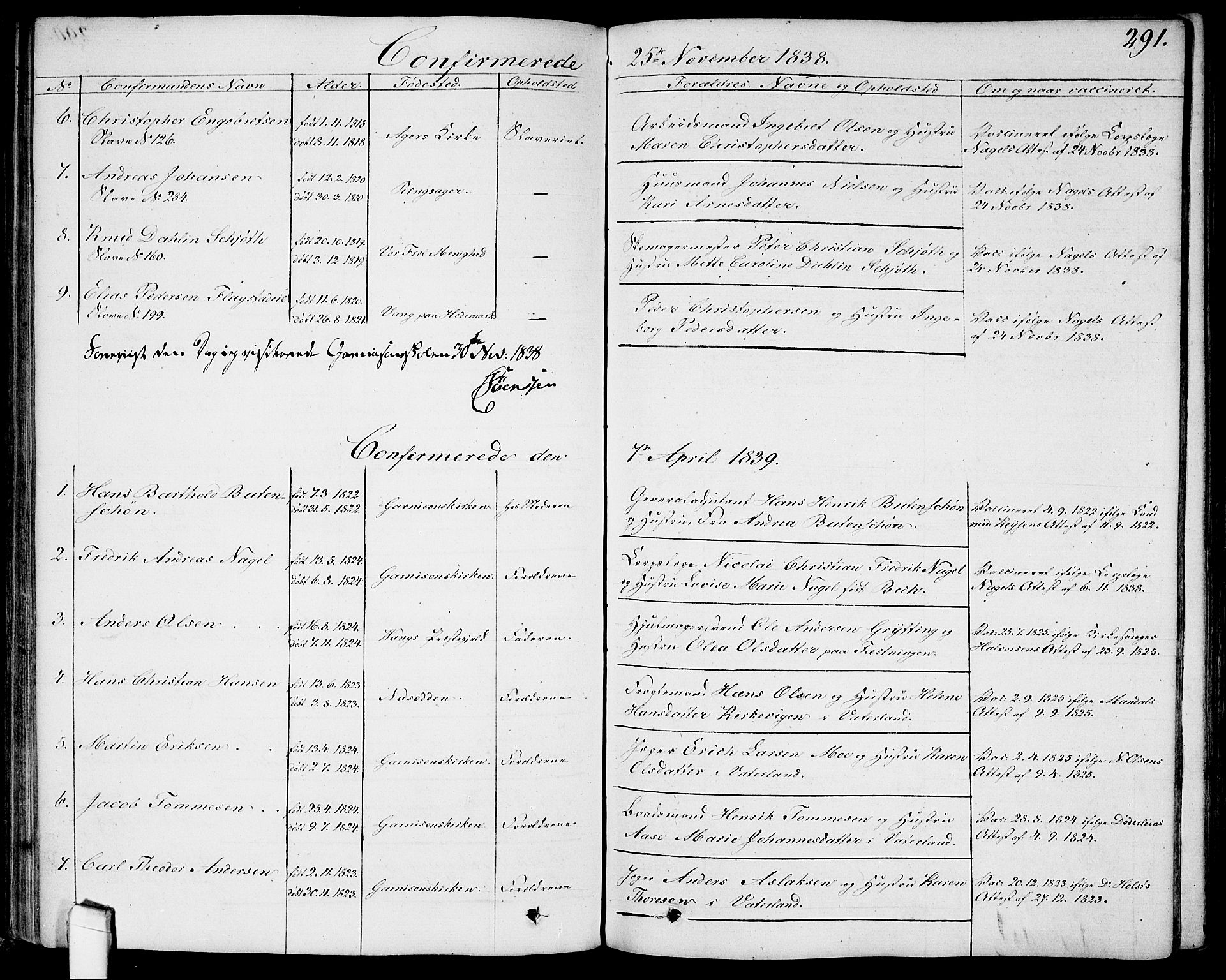 Garnisonsmenigheten Kirkebøker, SAO/A-10846/G/Ga/L0004: Parish register (copy) no. 4, 1828-1840, p. 291