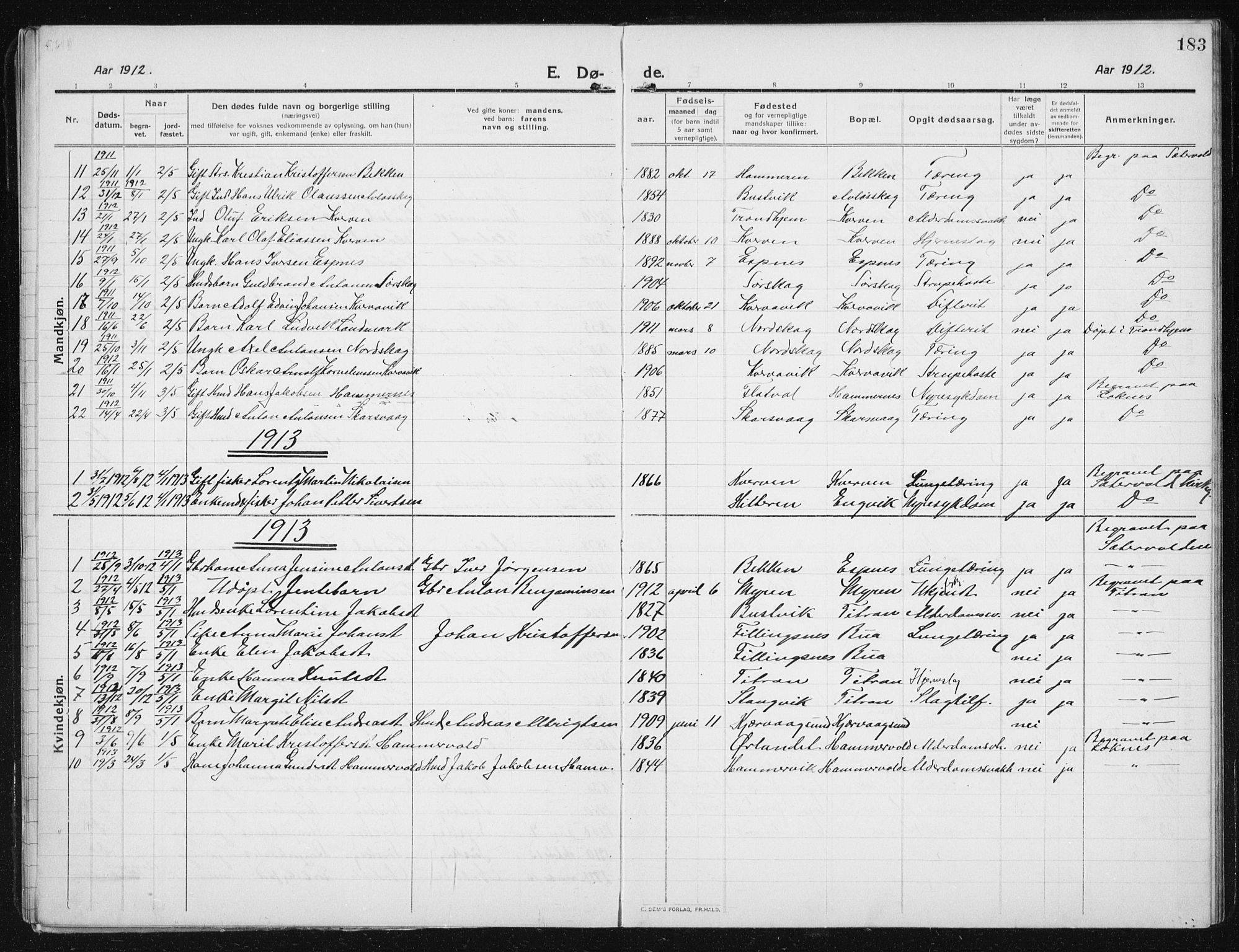 Ministerialprotokoller, klokkerbøker og fødselsregistre - Sør-Trøndelag, AV/SAT-A-1456/641/L0599: Parish register (copy) no. 641C03, 1910-1938, p. 183