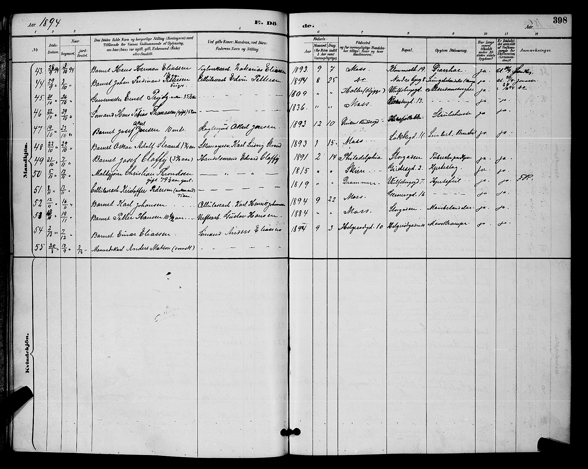 Moss prestekontor Kirkebøker, AV/SAO-A-2003/G/Ga/L0006: Parish register (copy) no. I 6, 1889-1900, p. 398