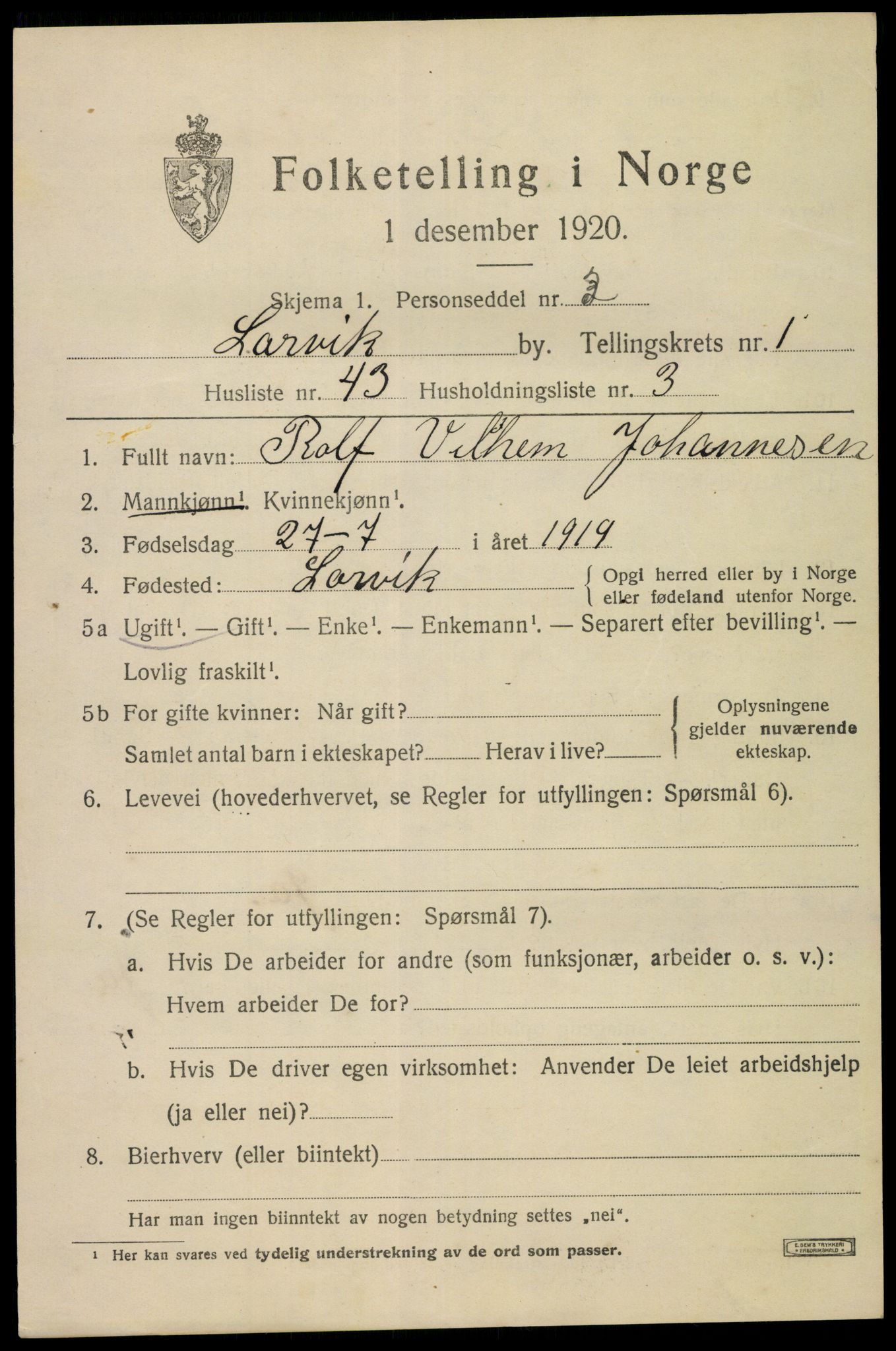 SAKO, 1920 census for Larvik, 1920, p. 9292