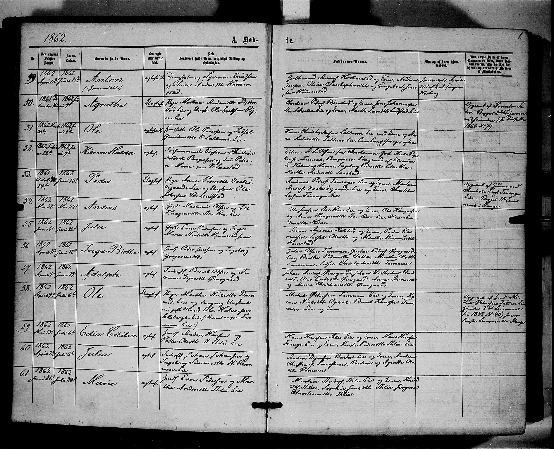 Stange prestekontor, SAH/PREST-002/K/L0013: Parish register (official) no. 13, 1862-1879, p. 1
