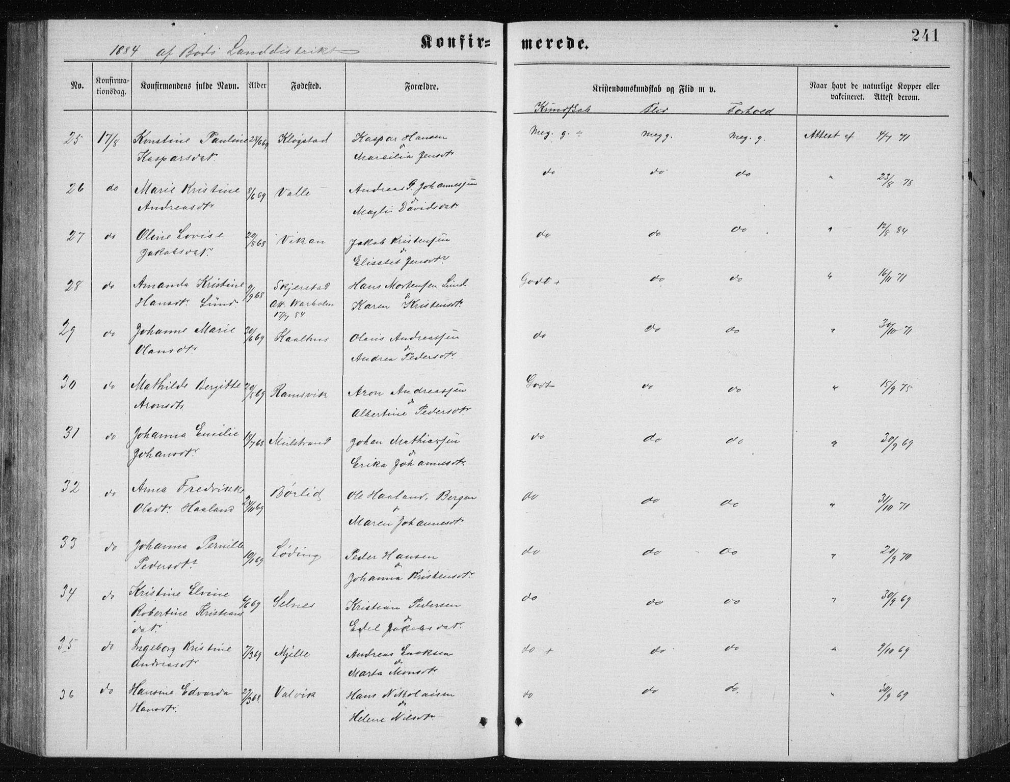 Ministerialprotokoller, klokkerbøker og fødselsregistre - Nordland, AV/SAT-A-1459/801/L0031: Parish register (copy) no. 801C06, 1883-1887, p. 241