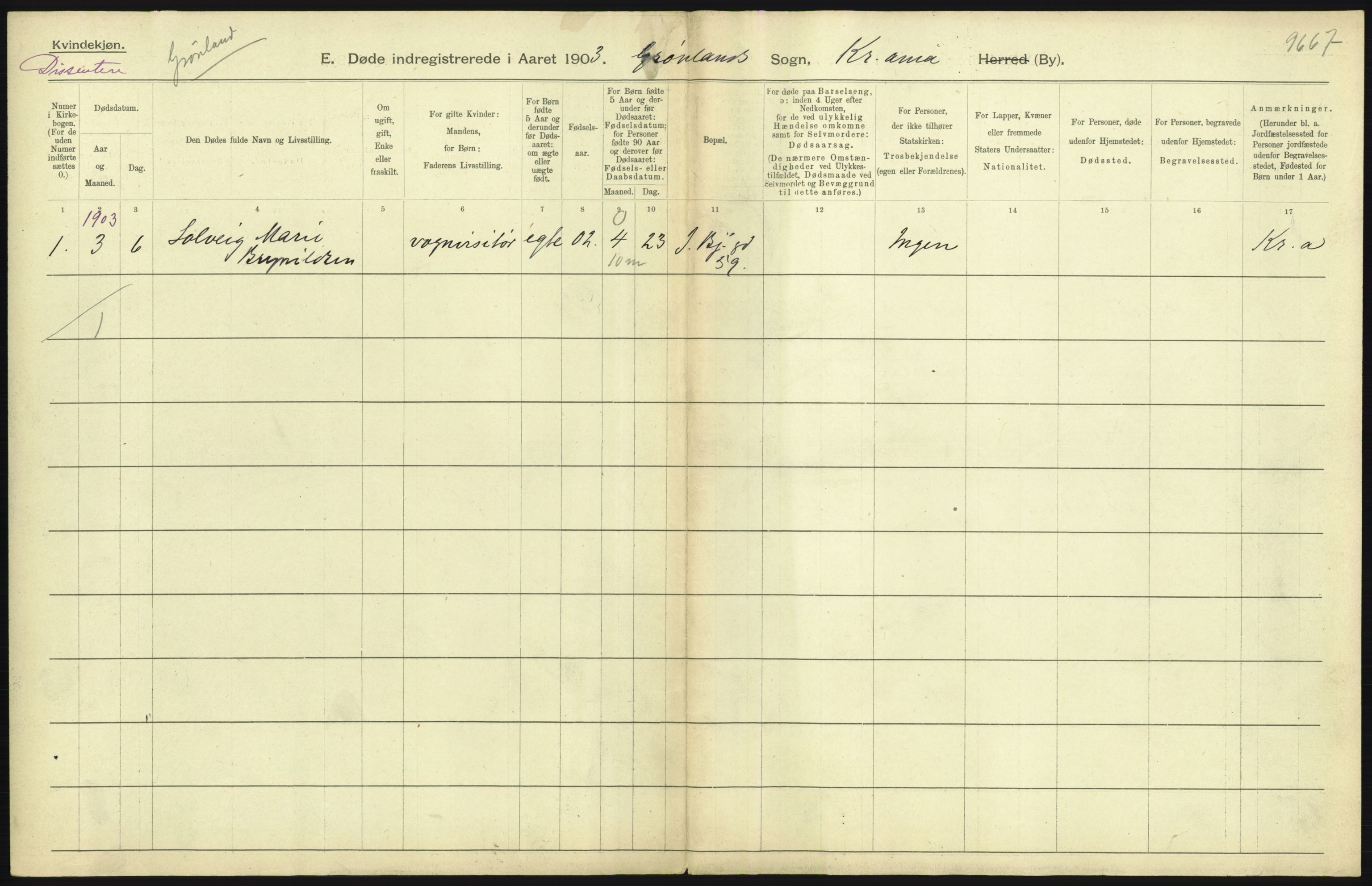 Statistisk sentralbyrå, Sosiodemografiske emner, Befolkning, AV/RA-S-2228/D/Df/Dfa/Dfaa/L0004: Kristiania: Gifte, døde, 1903, p. 375