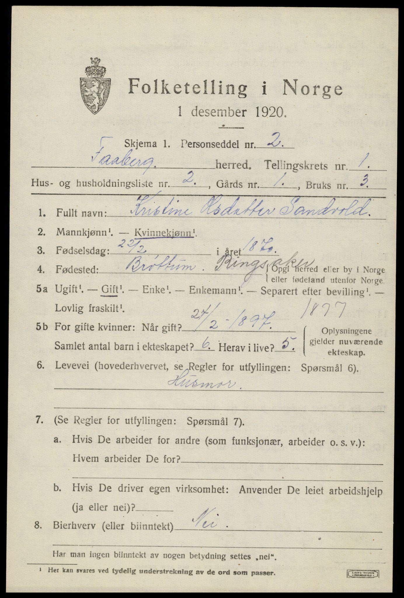 SAH, 1920 census for Fåberg, 1920, p. 2246