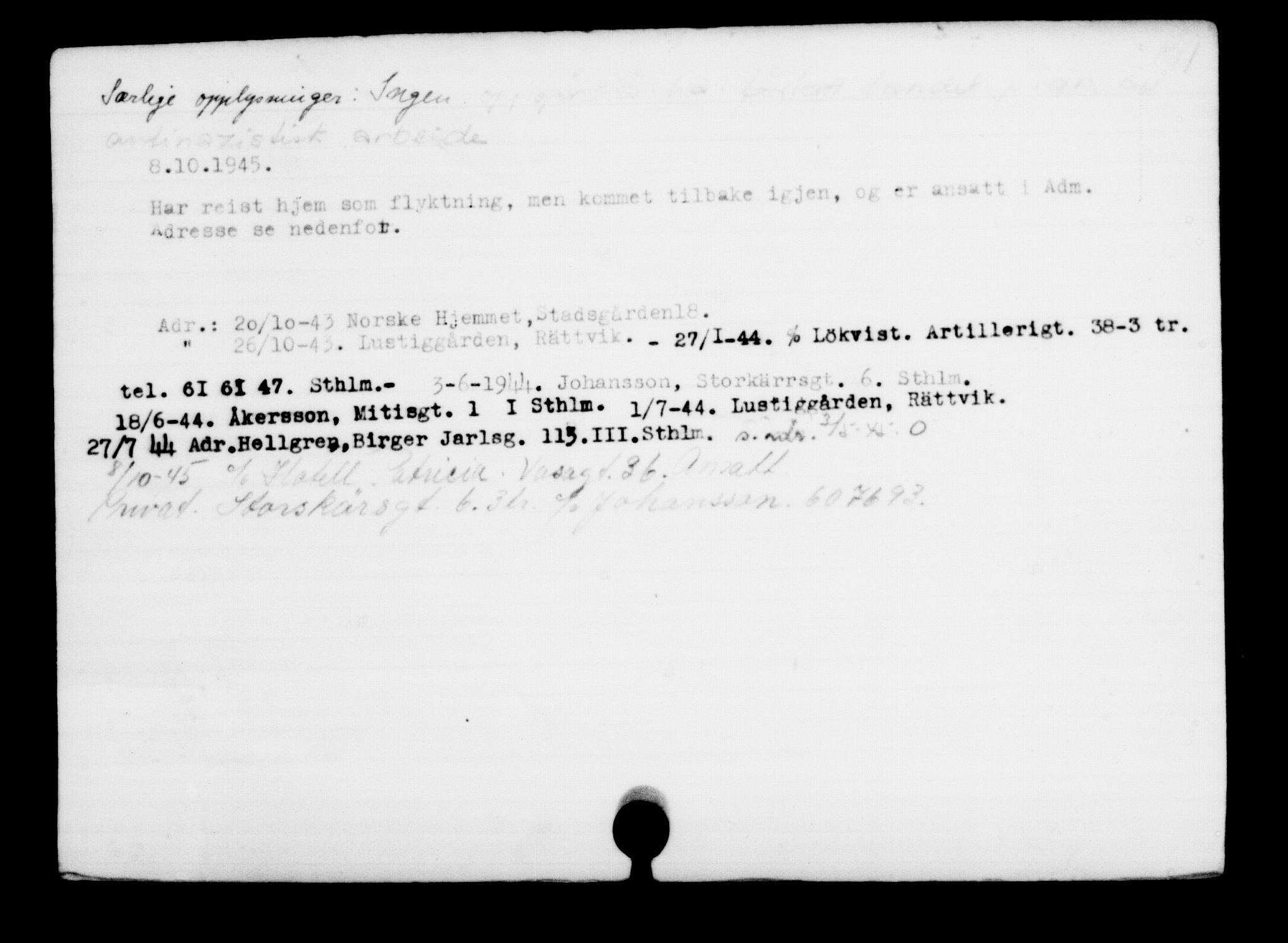 Utenriksstasjonene, Legasjonen i Stockholm, Flyktningkontoret, AV/RA-S-6753/V/Va/L0001: Kjesäterkartoteket, flyktninger med registreringsnr. 1-1000, 1940-1945, p. 944