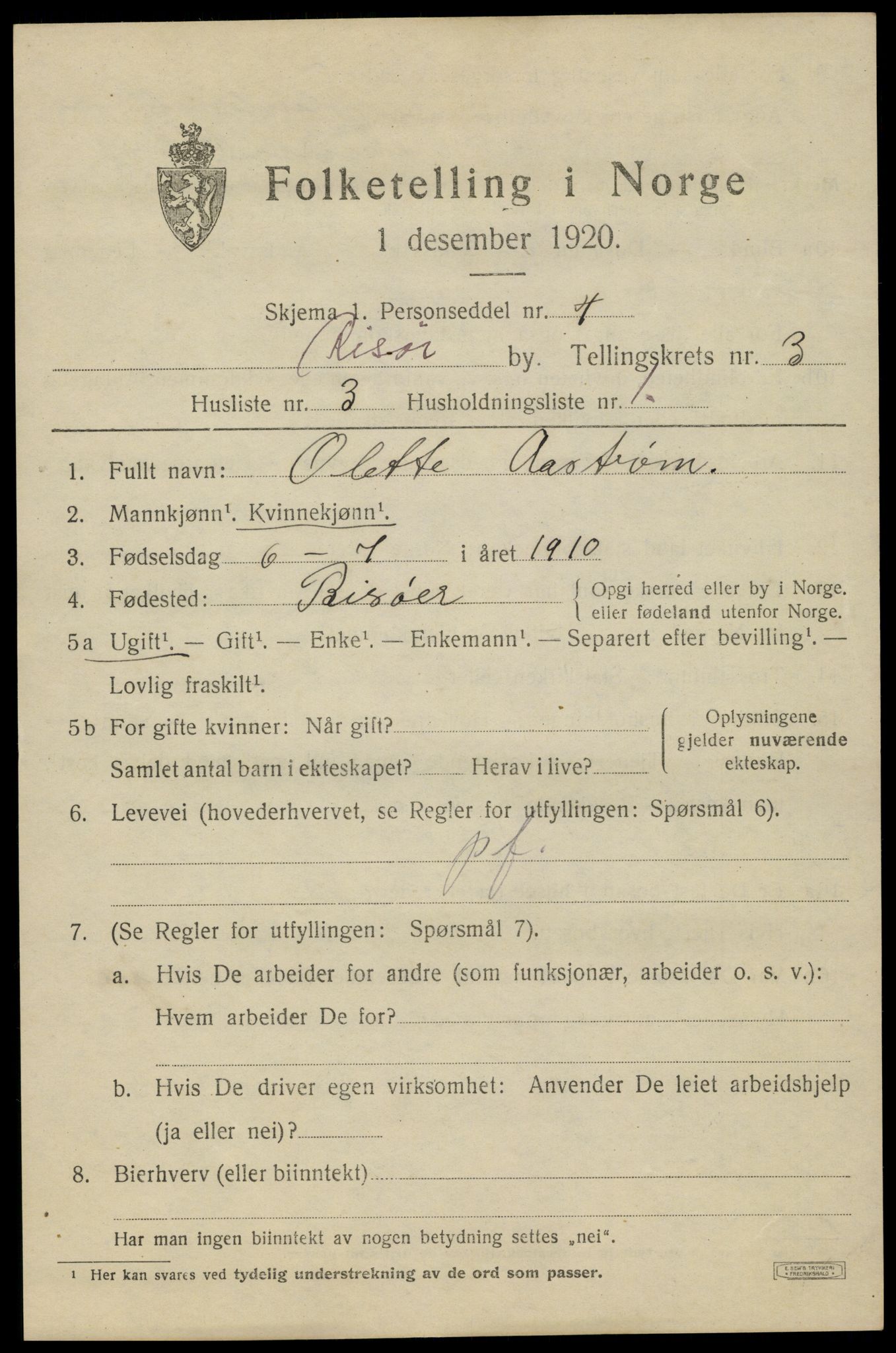 SAK, 1920 census for Risør, 1920, p. 7727