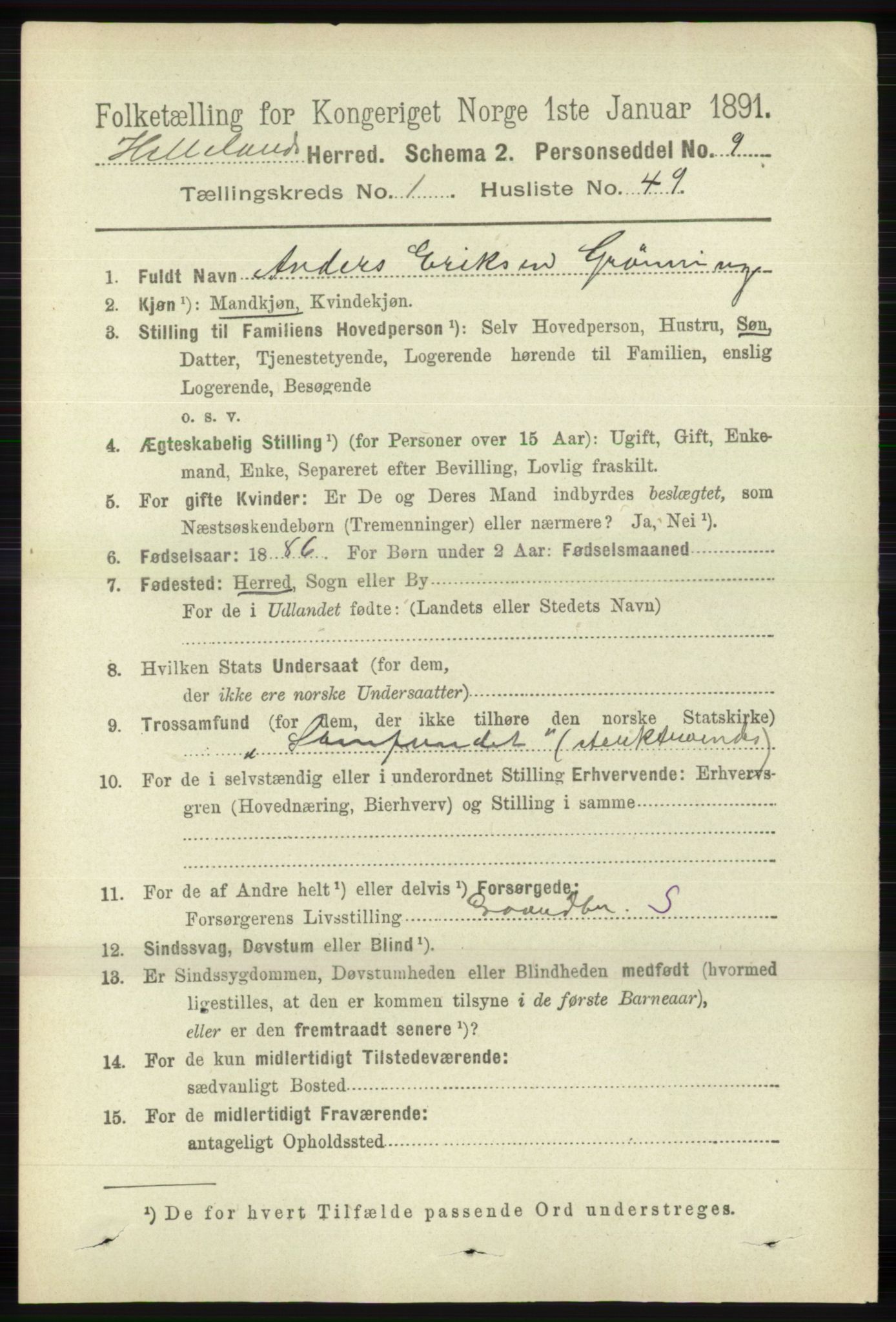 RA, 1891 census for 1115 Helleland, 1891, p. 357