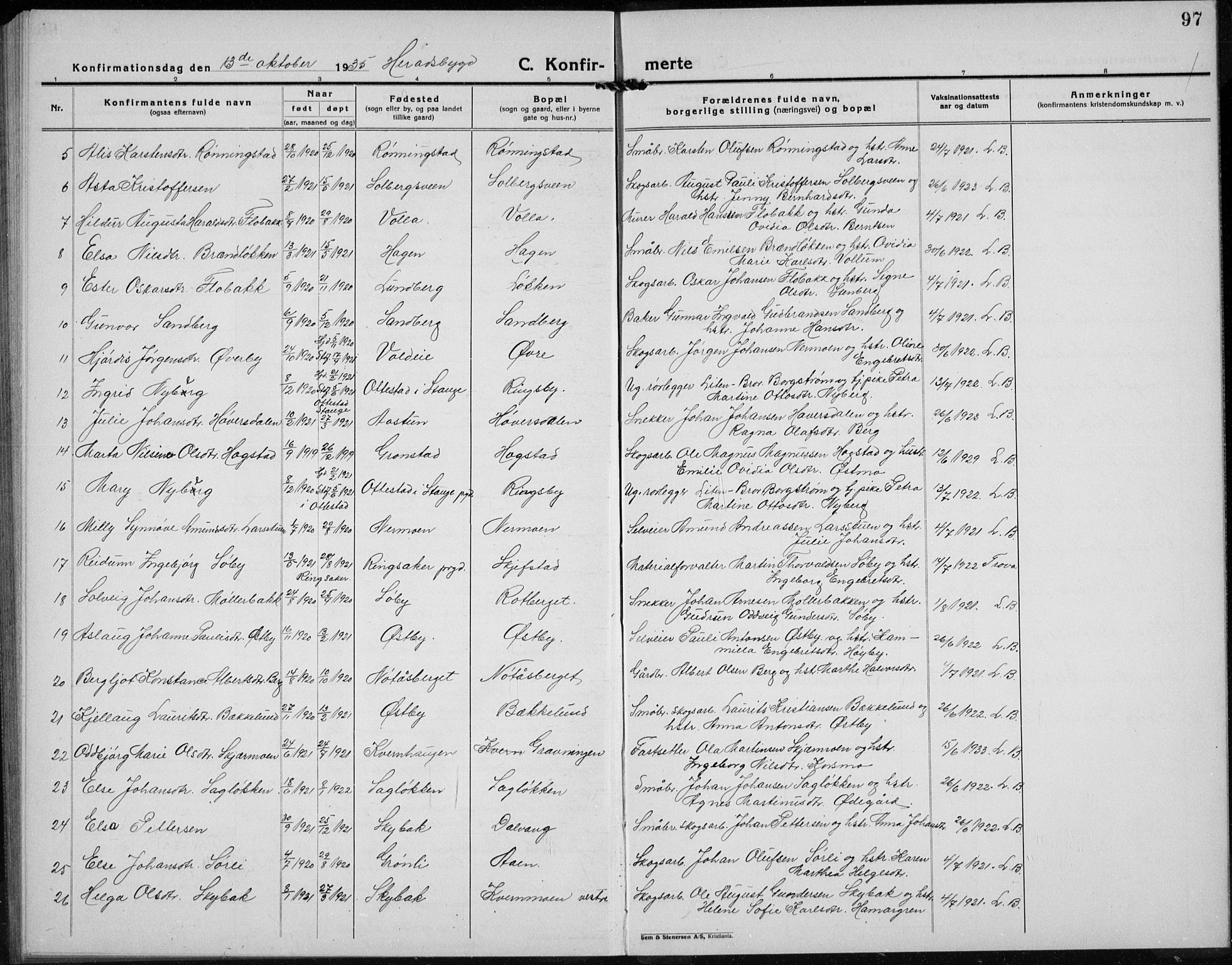 Elverum prestekontor, AV/SAH-PREST-044/H/Ha/Hab/L0032: Parish register (copy) no. 32, 1922-1936, p. 97