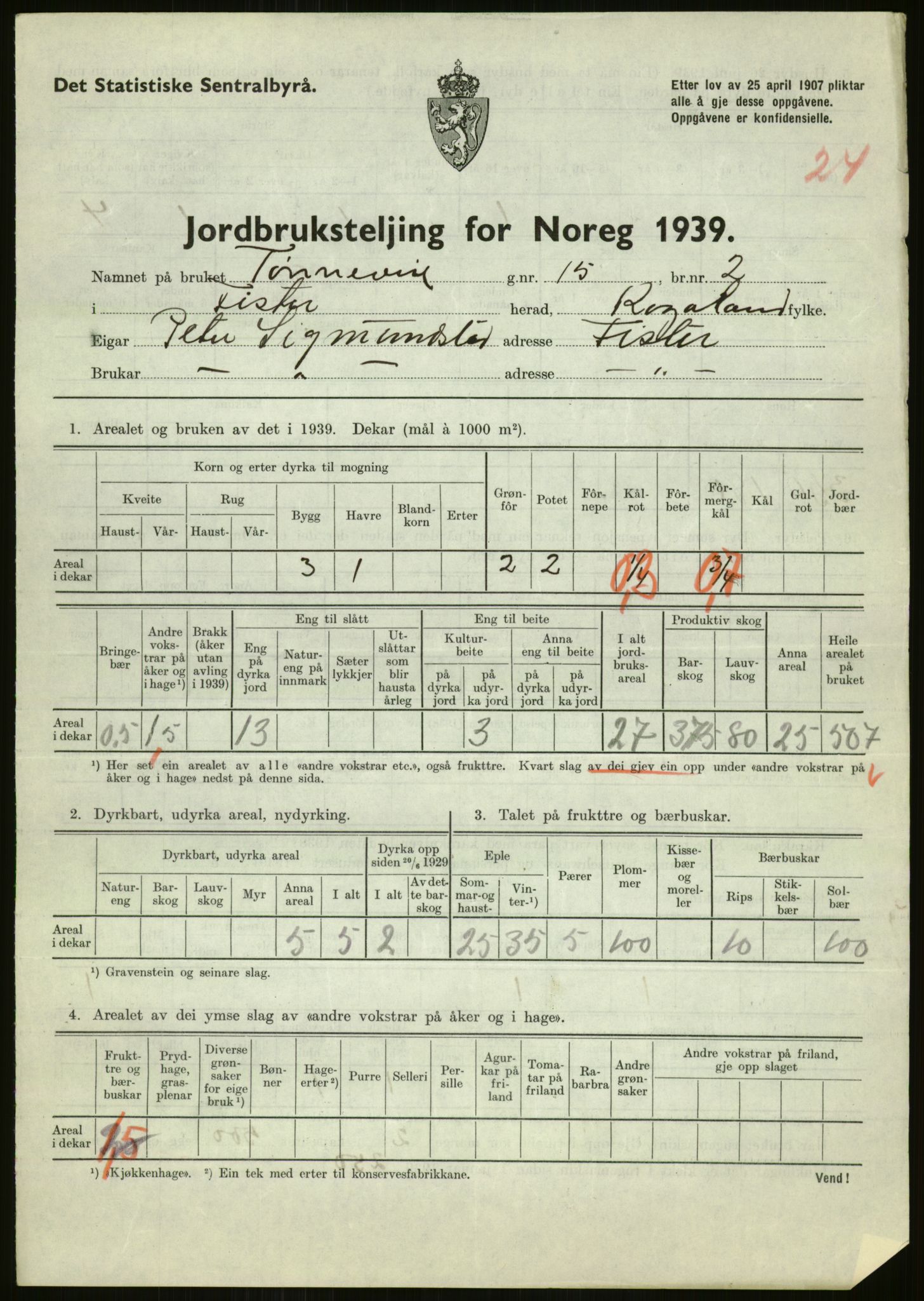 Statistisk sentralbyrå, Næringsøkonomiske emner, Jordbruk, skogbruk, jakt, fiske og fangst, AV/RA-S-2234/G/Gb/L0184: Rogaland: Årdal, Fister og Hjelmeland, 1939, p. 265