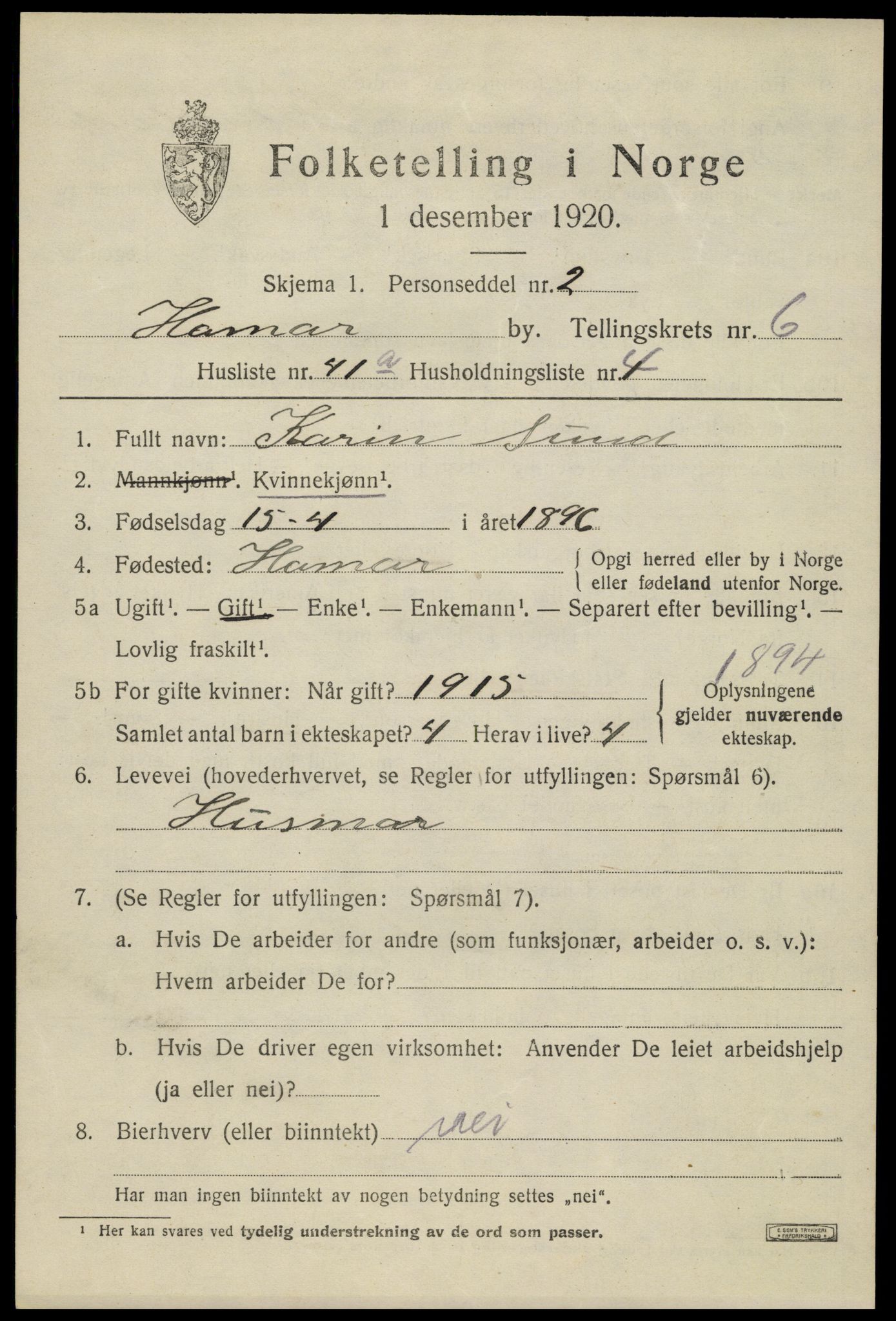 SAH, 1920 census for Hamar, 1920, p. 12003