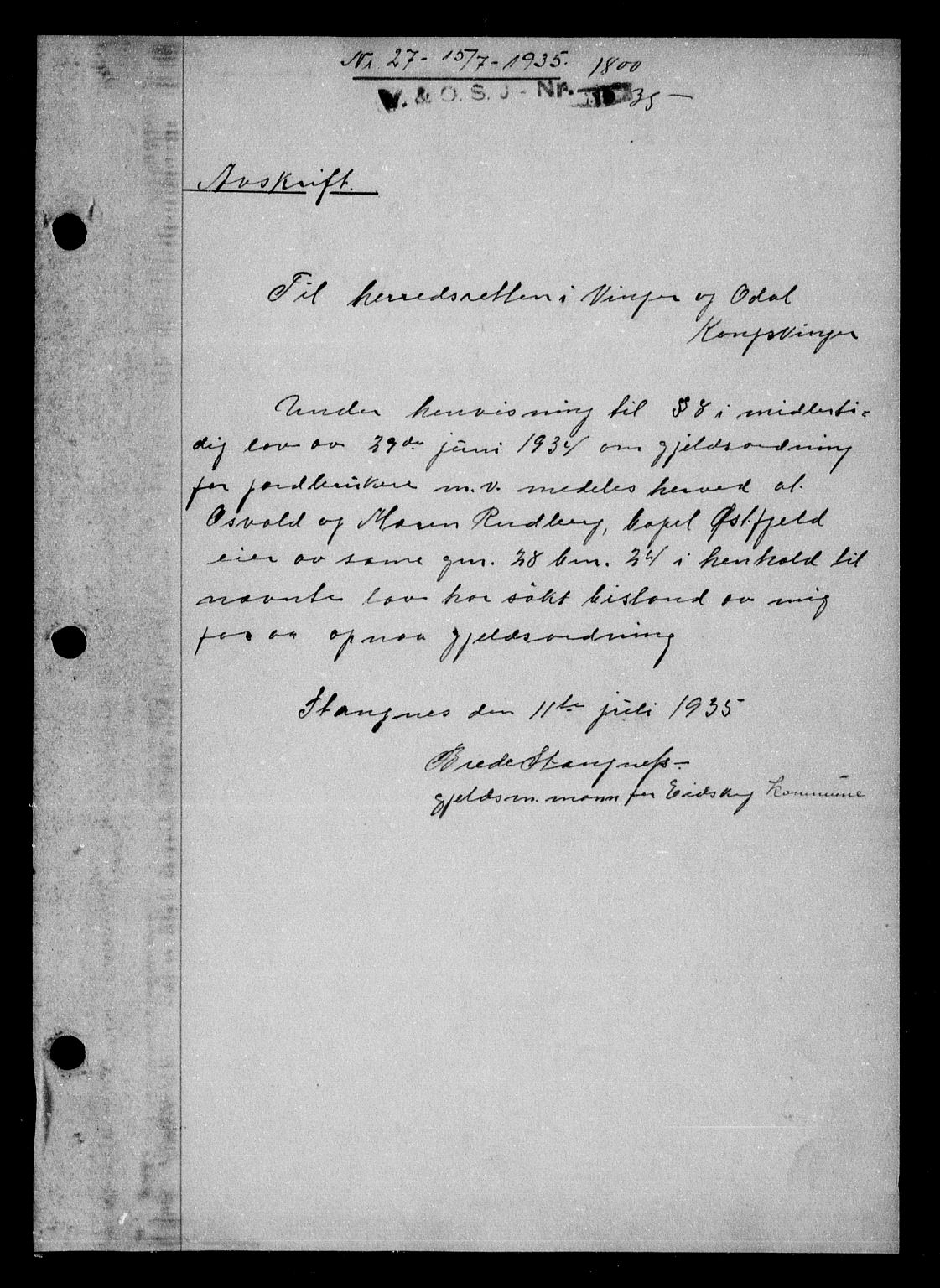 Vinger og Odal sorenskriveri, AV/SAH-TING-022/H/Hb/Hbc/L0032: Mortgage book no. X, 1935-1935, Deed date: 15.07.1935