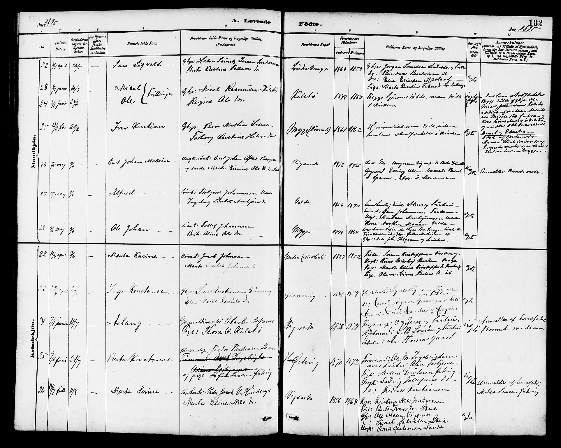 Avaldsnes sokneprestkontor, SAST/A -101851/H/Ha/Hab/L0007: Parish register (copy) no. B 7, 1885-1909, p. 132