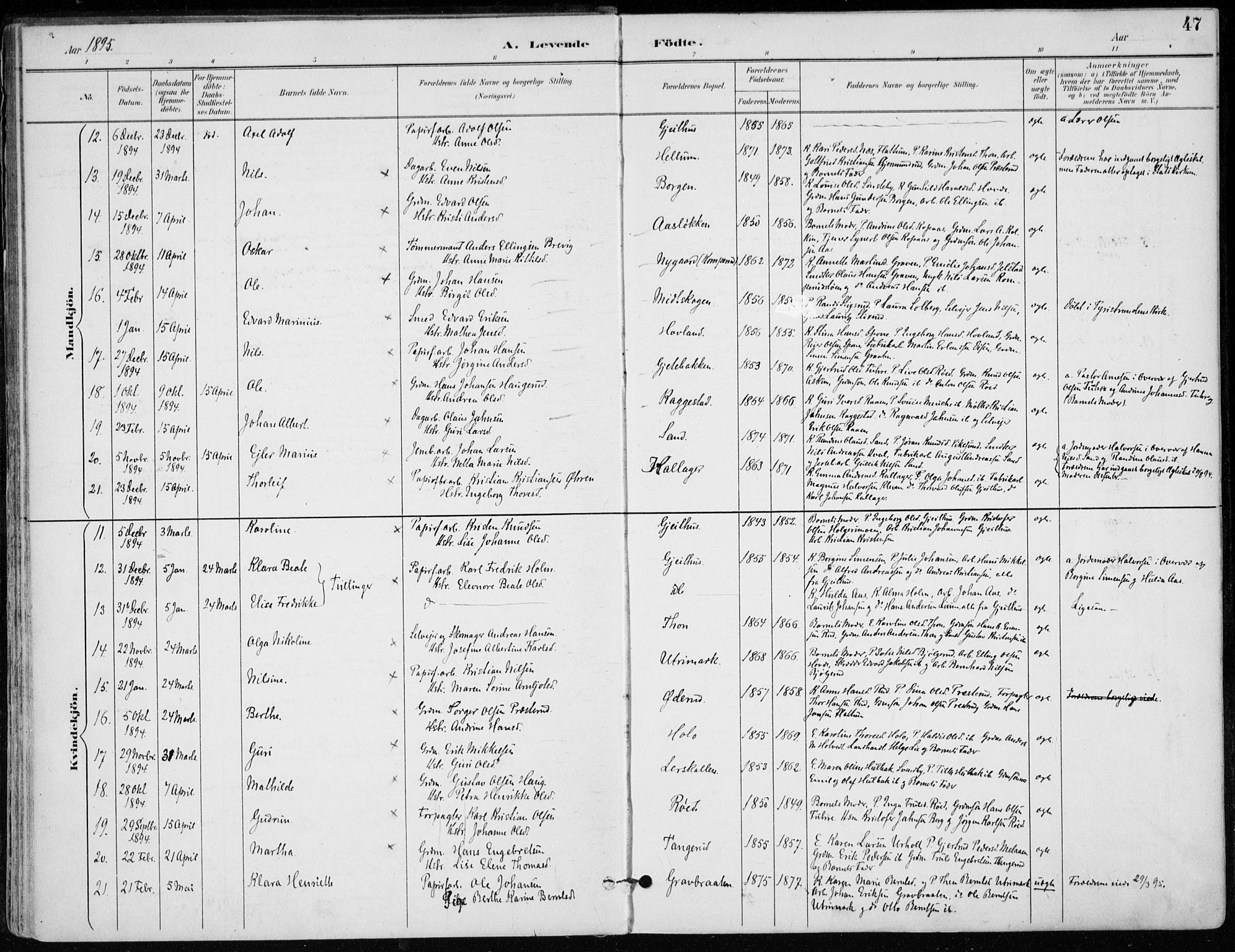 Modum kirkebøker, AV/SAKO-A-234/F/Fa/L0012: Parish register (official) no. 12, 1890-1898, p. 47