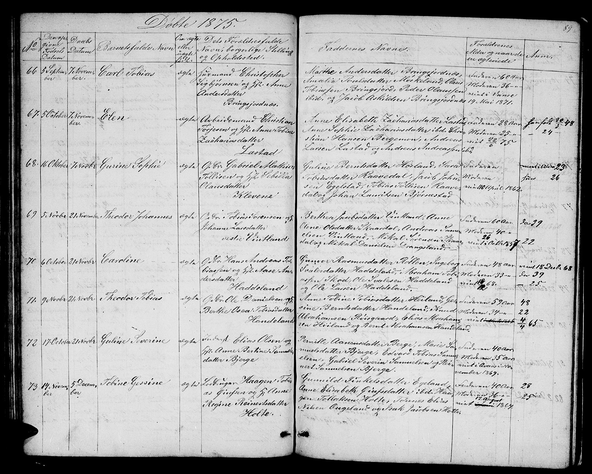 Lyngdal sokneprestkontor, AV/SAK-1111-0029/F/Fb/Fbc/L0003: Parish register (copy) no. B 3, 1865-1878, p. 89
