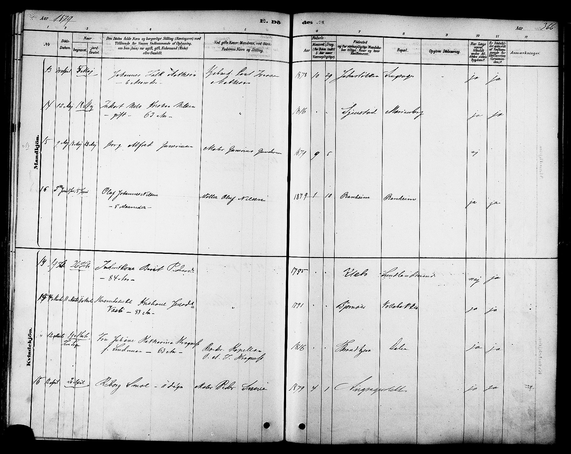 Ministerialprotokoller, klokkerbøker og fødselsregistre - Sør-Trøndelag, AV/SAT-A-1456/606/L0294: Parish register (official) no. 606A09, 1878-1886, p. 366