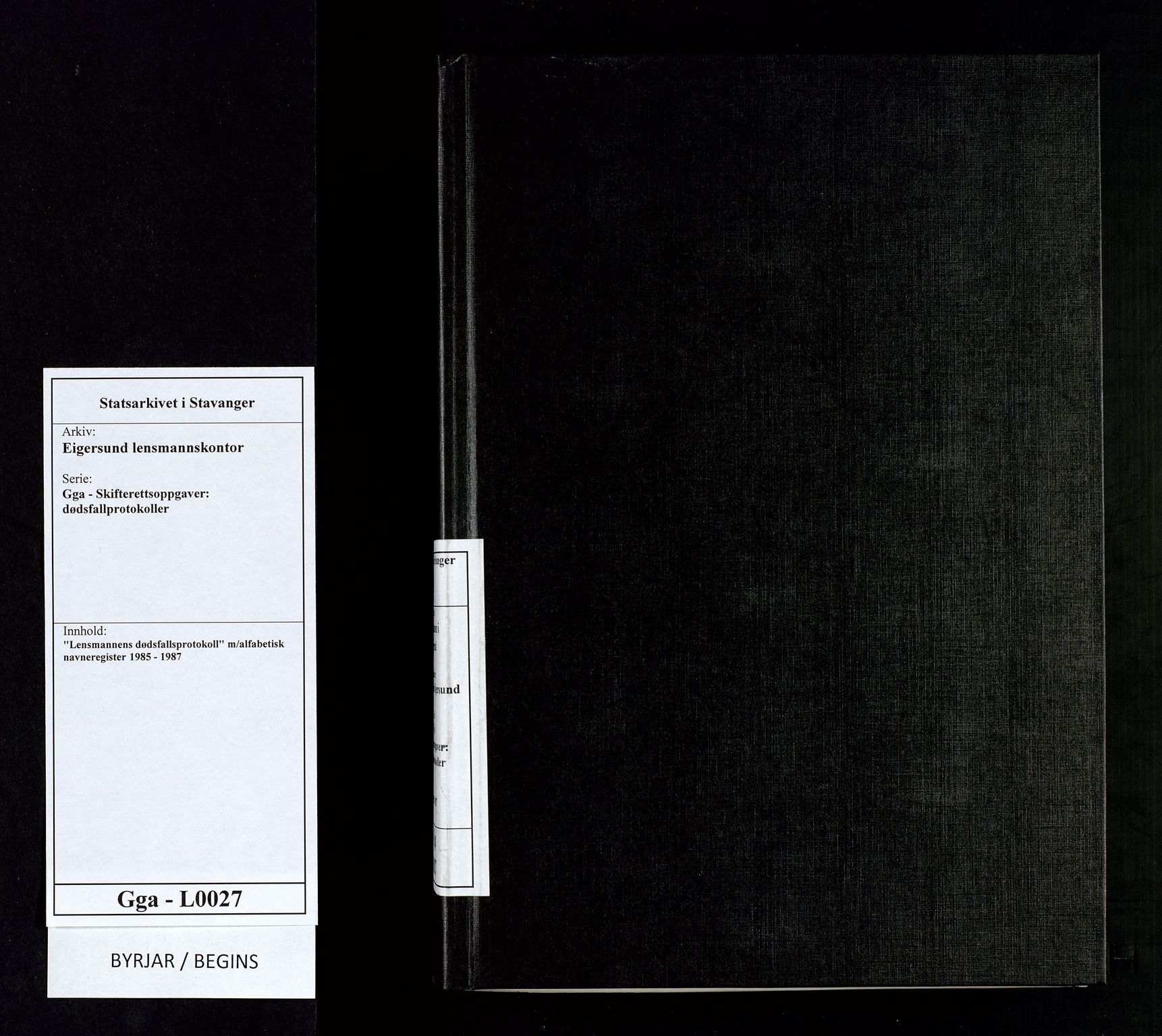 Eigersund lensmannskontor, SAST/A-100171/Gga/L0027: "Lensmannens dødsfallsprotokoll" m/alfabetisk navneregister, 1985-1987