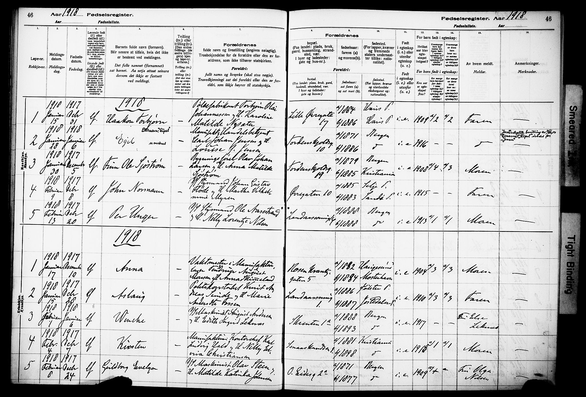 Korskirken sokneprestembete, SAB/A-76101/I/Id/L00A1: Birth register no. A 1, 1916-1929, p. 46