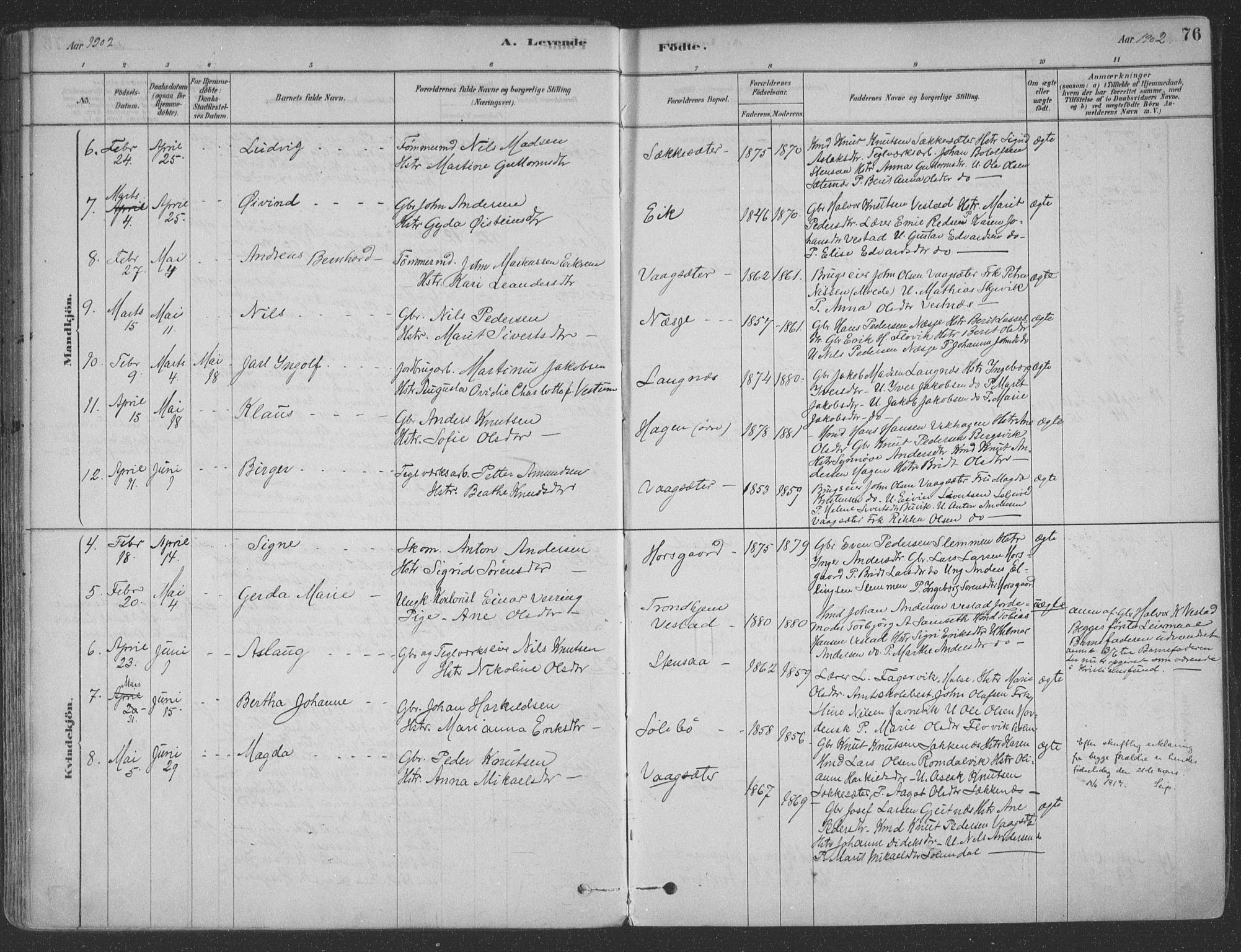 Ministerialprotokoller, klokkerbøker og fødselsregistre - Møre og Romsdal, SAT/A-1454/547/L0604: Parish register (official) no. 547A06, 1878-1906, p. 76