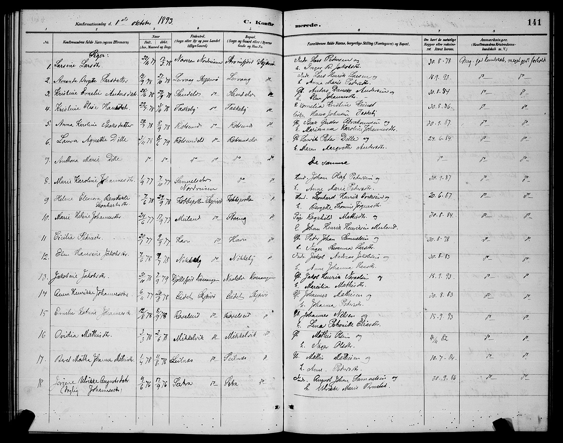 Skjervøy sokneprestkontor, AV/SATØ-S-1300/H/Ha/Hab/L0007klokker: Parish register (copy) no. 7, 1889-1899, p. 141