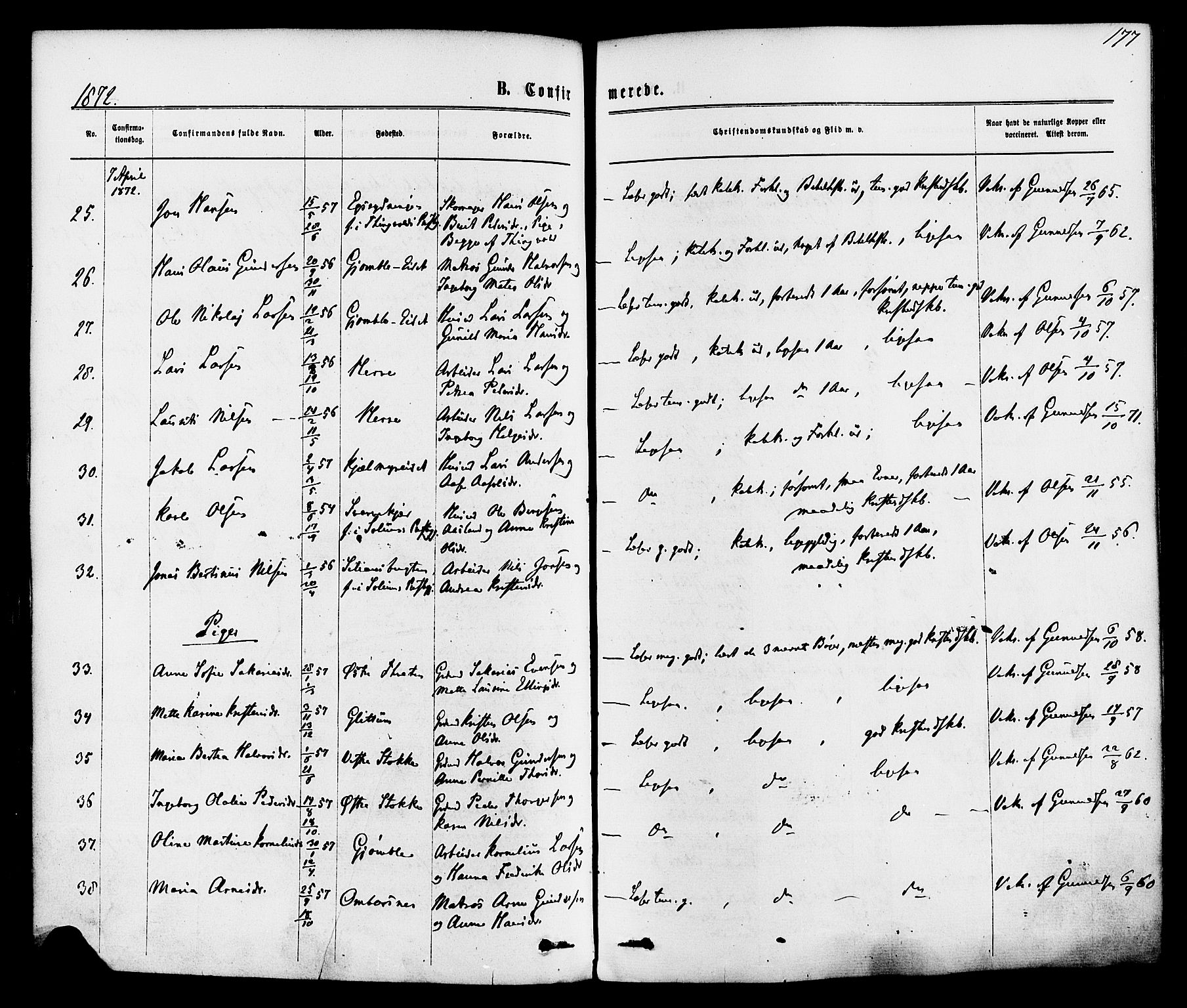 Bamble kirkebøker, AV/SAKO-A-253/F/Fa/L0006: Parish register (official) no. I 6, 1869-1877, p. 177